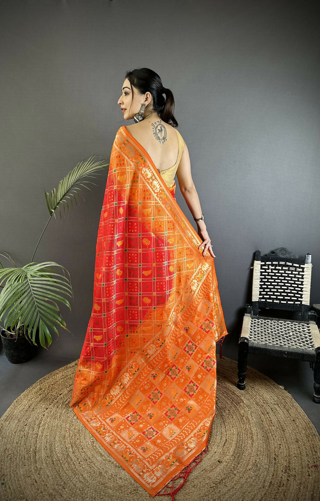 Joban Fashion Orange Geometric Pattern Soft Silk Patola Saree