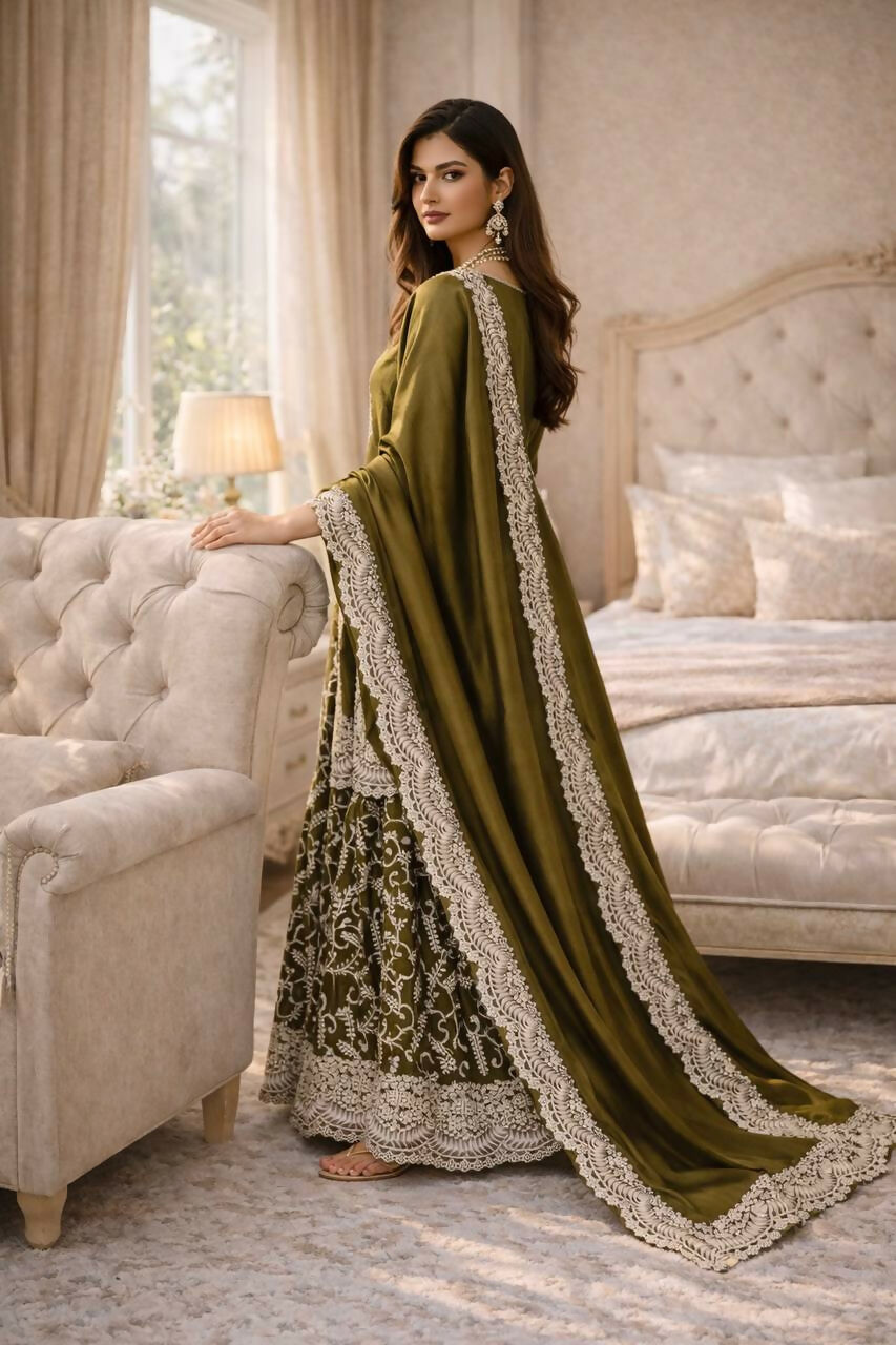 Teeya Creation Mehendi Fendy Satin Heavy Embrodiery Work Wedding Wear Salwar Suit