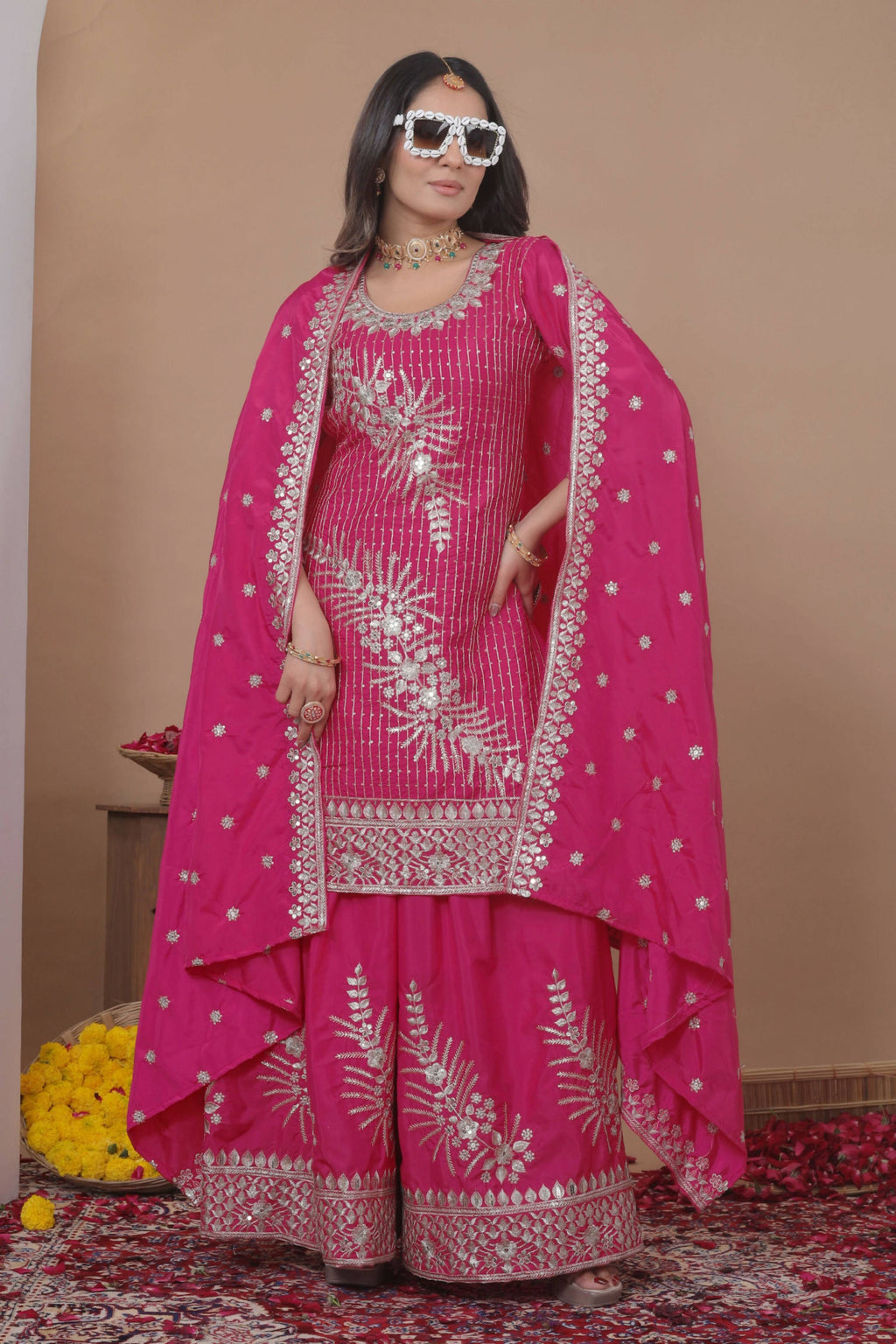Lehenga Mart Designer Sharara Suit With Kurta, Sharara, Dupatta For Women-Pink