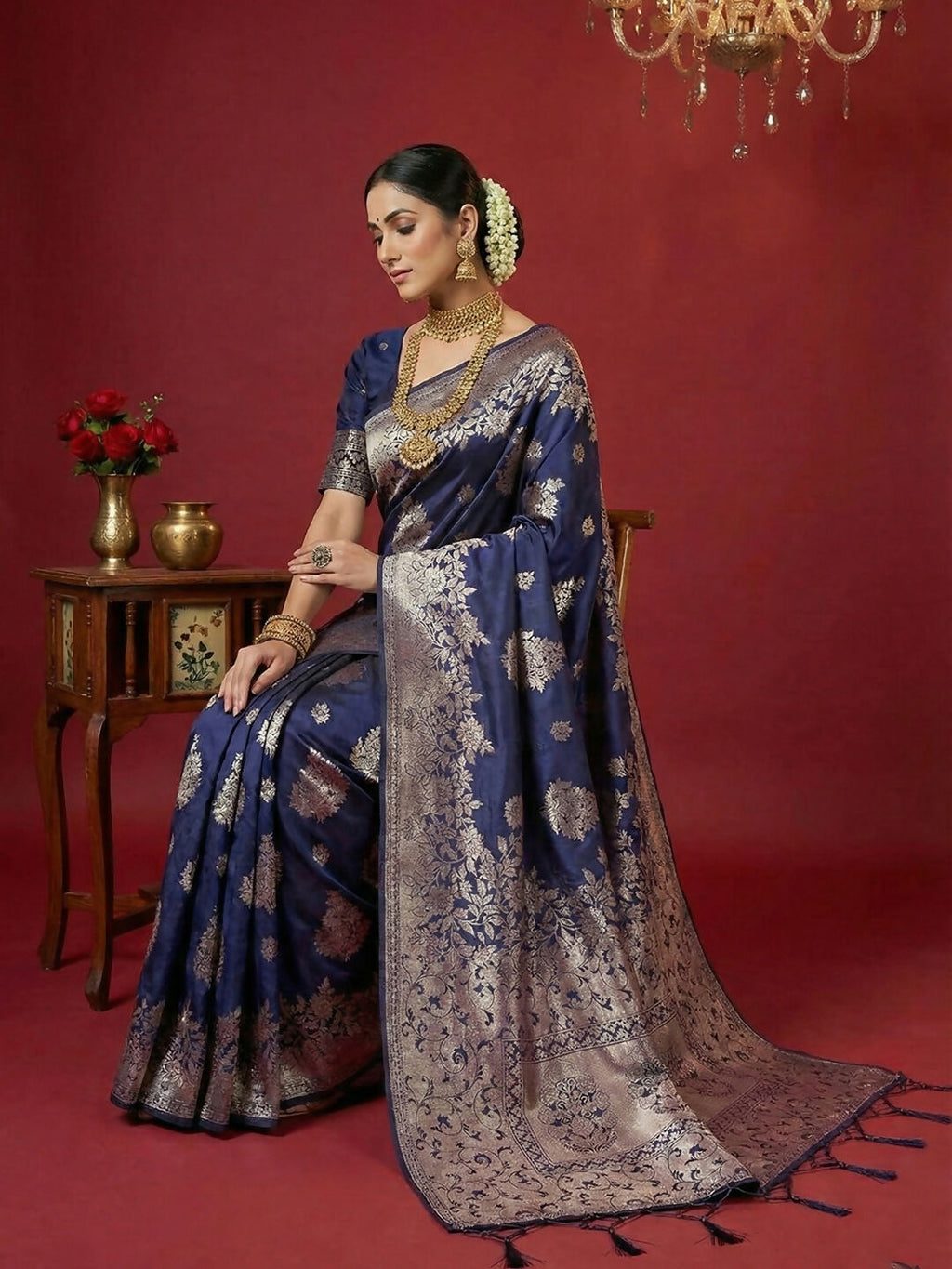 Shree Shyam Fashion Navy Blue Silk Blend Saree