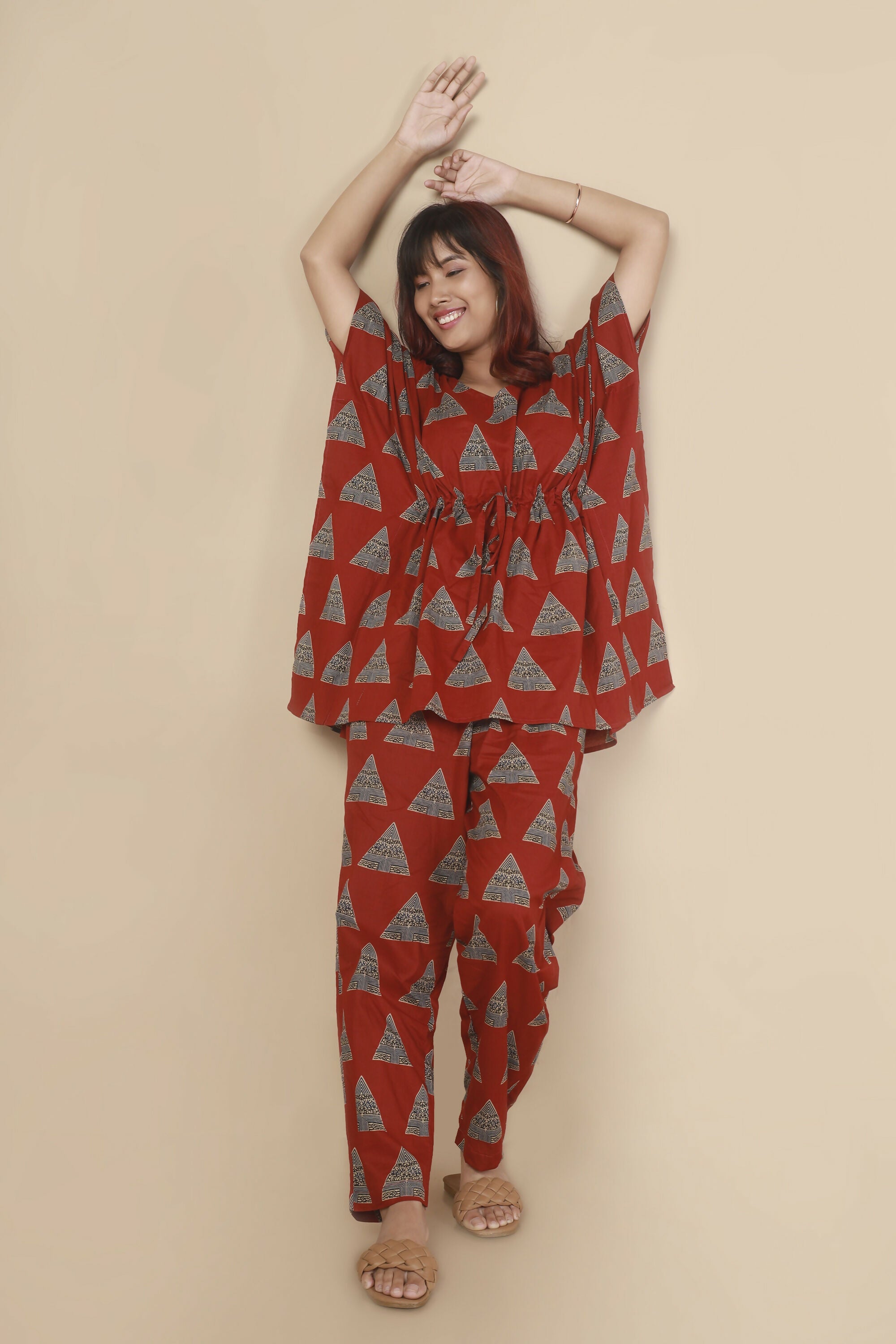 Breathables Women’S Loungewear Kaftan Cotton Red Geometric Print Co-Ord Set