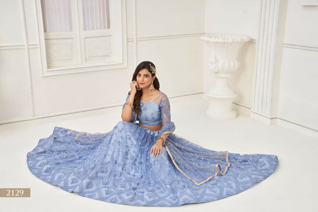 Aastha Fashion Neon Blue Butterfly Net Tone To Tone Thread Work, Sequence Work Embroidery With Original Mirror Handwork Wedding Wear Lehenga Choli