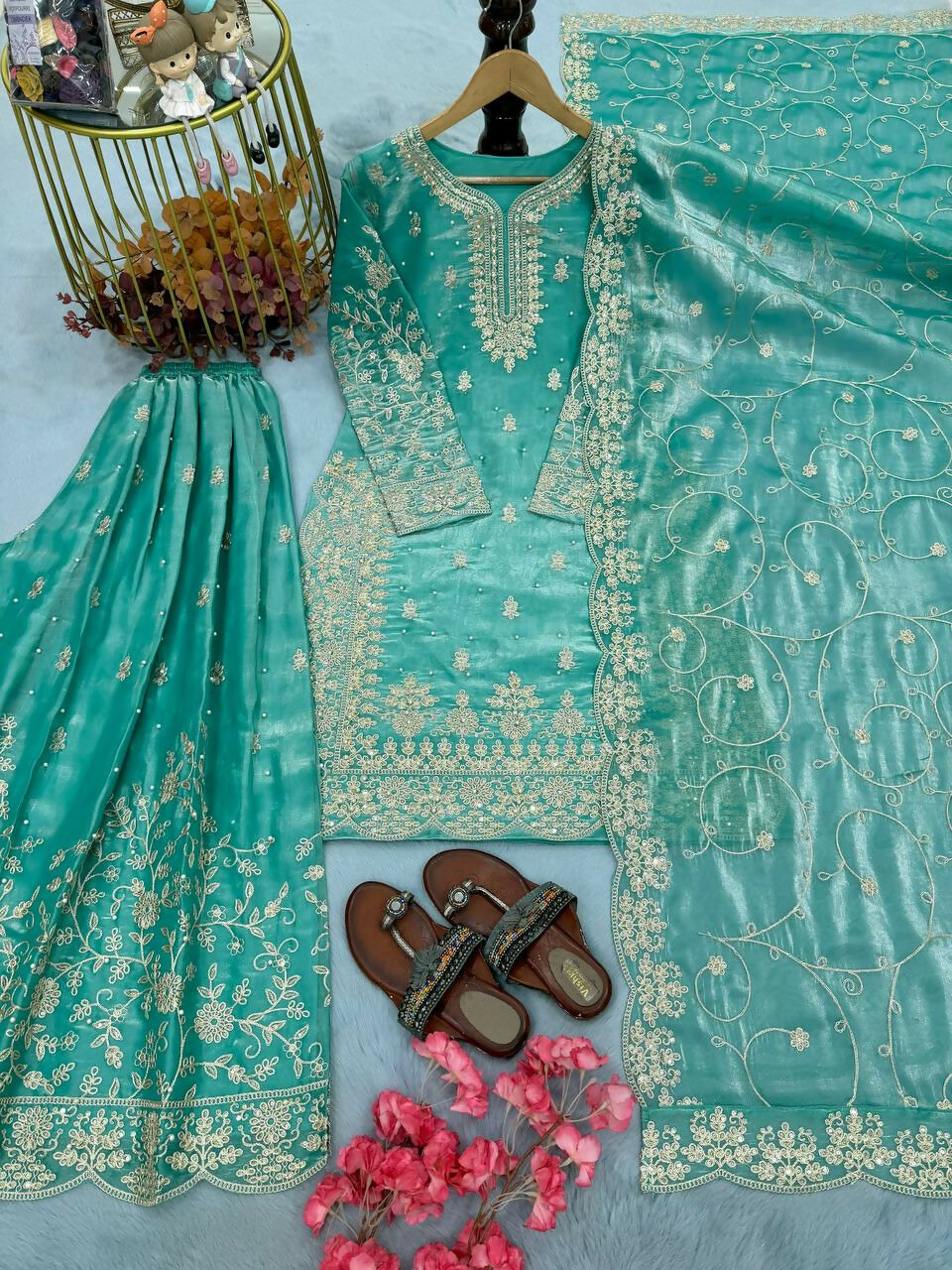 Teeya Creation Turquoise Pure Silk Gimmy Silk Heavy Embroidery Work Wedding Wear Palazzo Pair