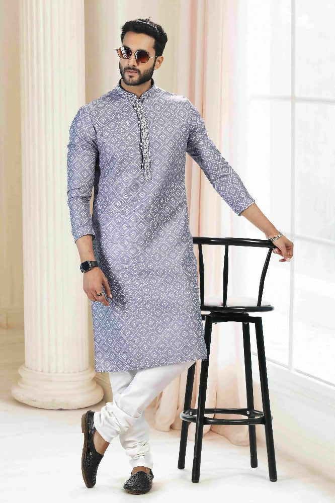 Raivat Ethnic Cotton Thread Work Kurta Pajama In Grey Colour