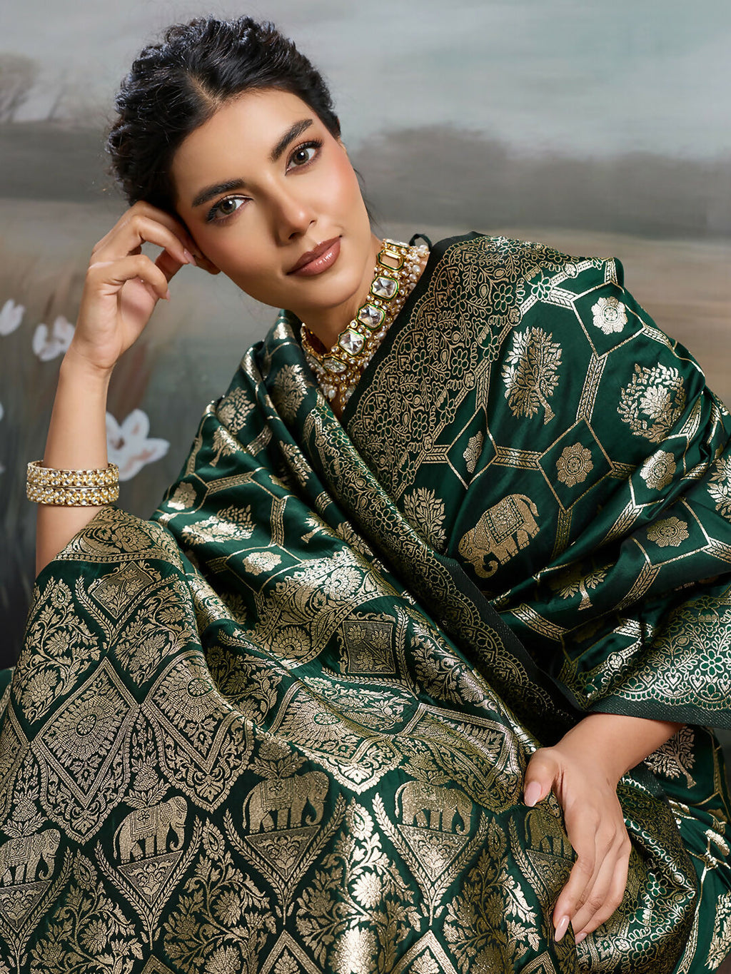Shree Shyam Fashion Bottle Green Silk Blend Saree