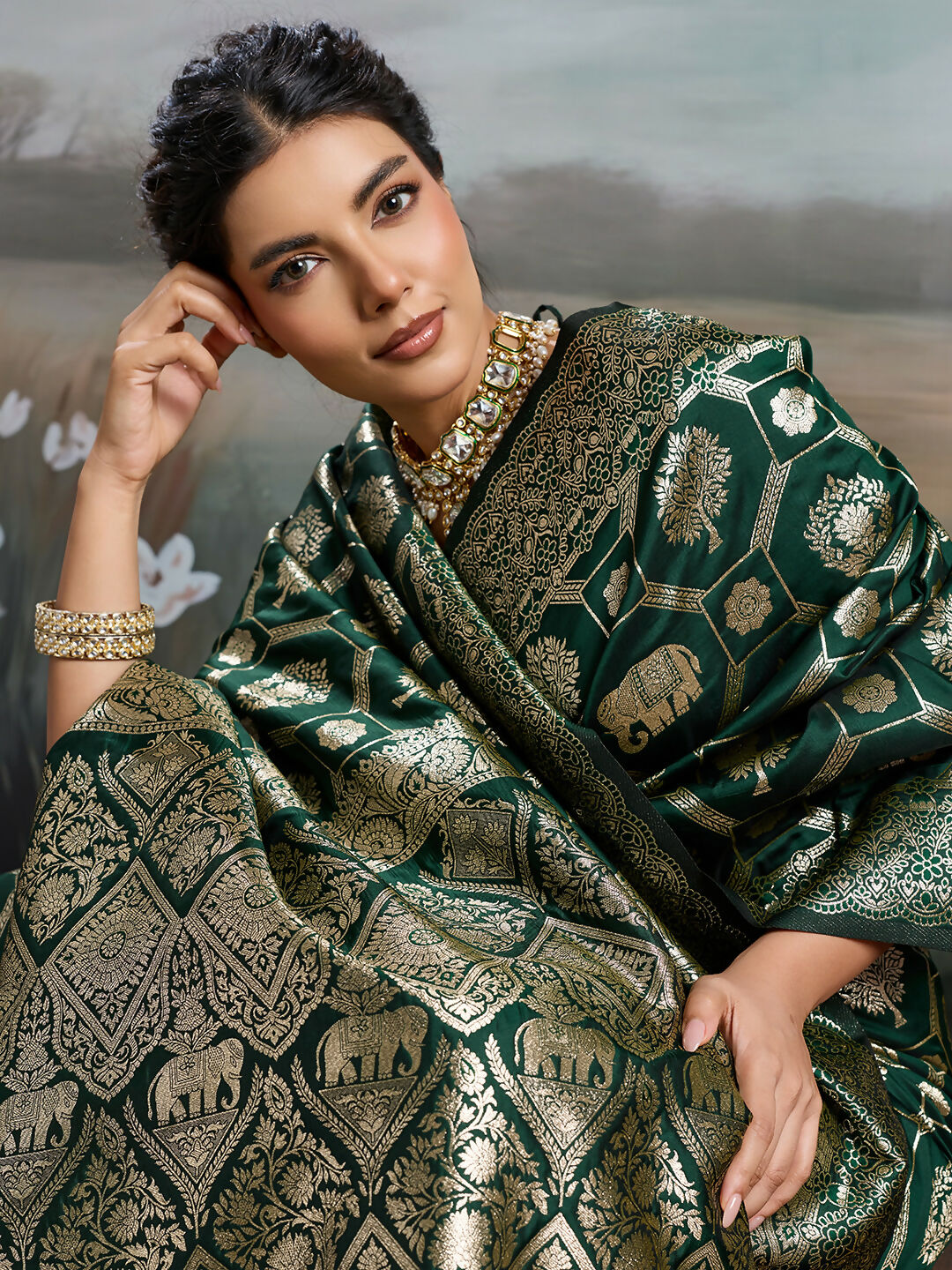 Shree Shyam Fashion Bottle Green Silk Blend Saree