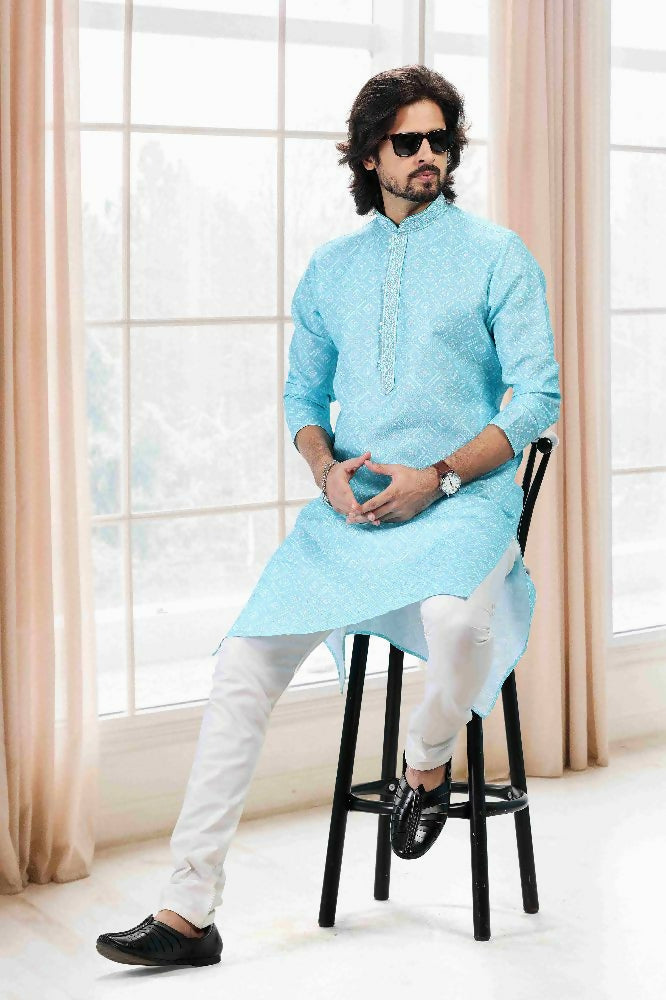 Raivat Ethnic Cotton Thread Work Kurta Pajama In Sky Blue Colour