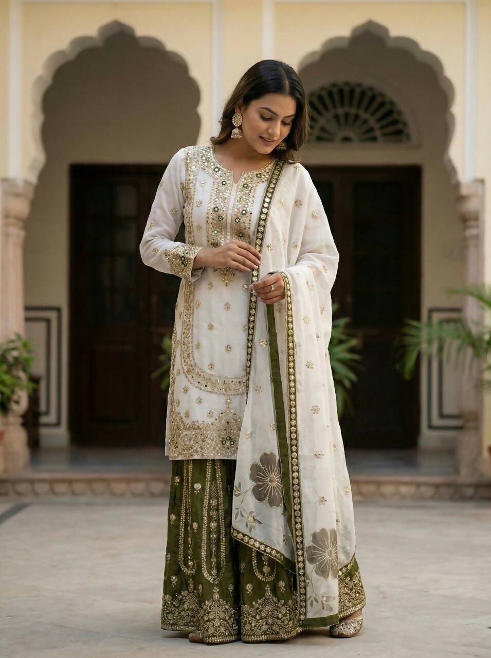 Teeya Creation Green Gimmy Silk Designer Embroidery Work Wedding Wear Palazzo Pair