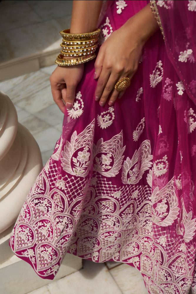 Aastha Fashion Dark Pink Butterfly Net White Cotton Thread Work And Sequence Work Embroidery Wedding Wear Lehenga Choli
