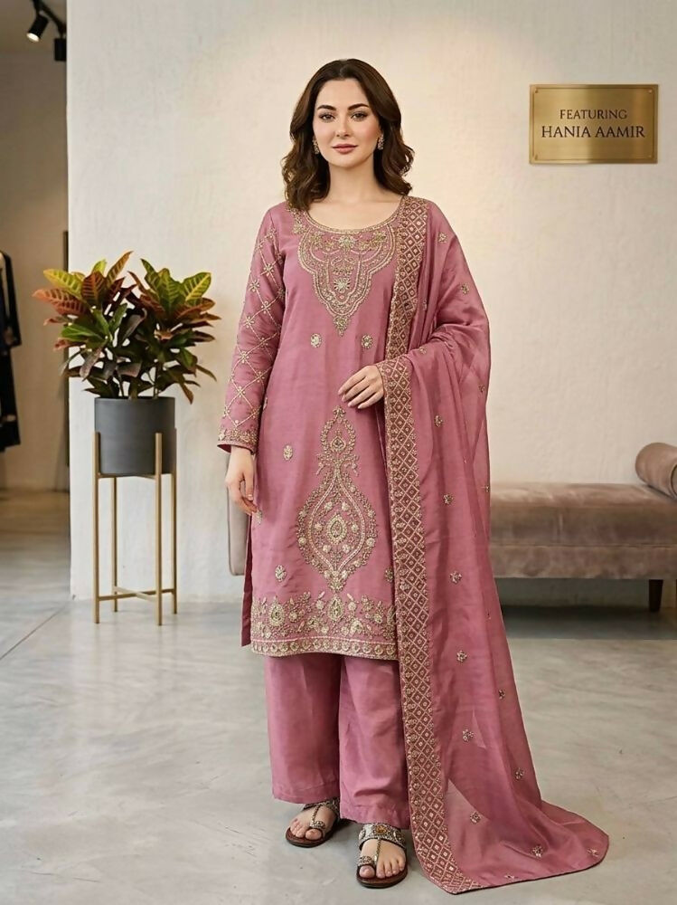 Teeya Creation Pink Color Gimmychu Silk Embroidery Work Wedding Wear Salwar Suit