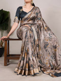 Vastranavya Mehendi Tussar Silk Printed with Viscose Border Saree with Unstitched Blouse