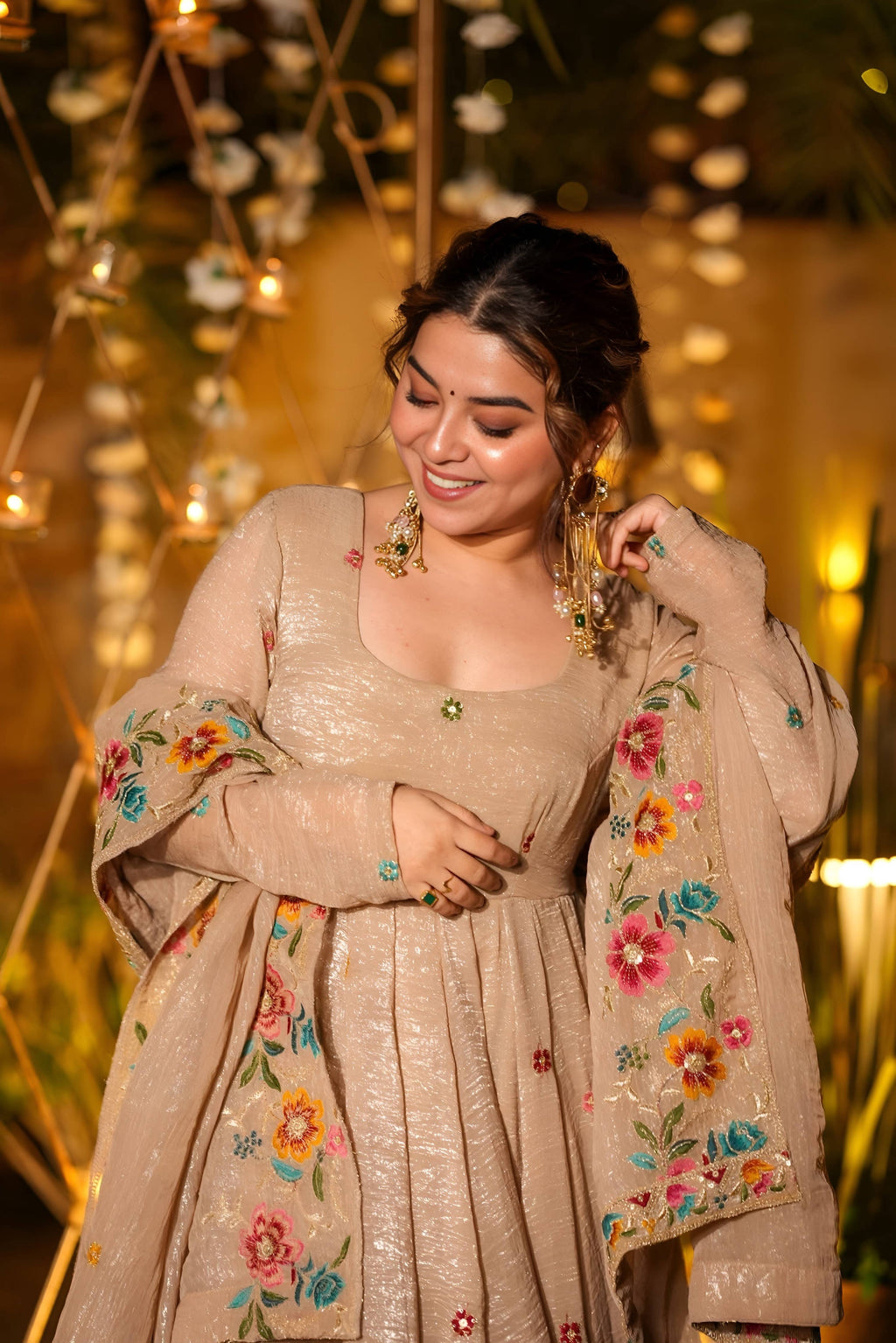 Yash Enterprise Beige Crunchy Silk Party Wear Embroidery Suit Set
