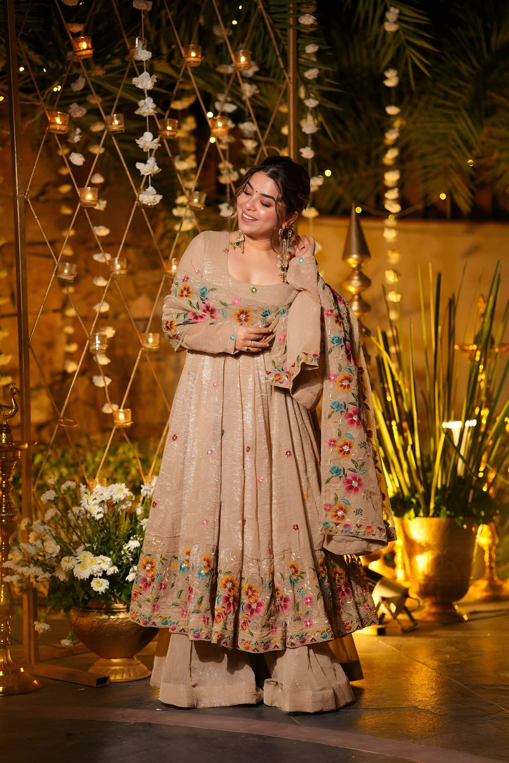 Yash Enterprise Beige Crunchy Silk Party Wear Embroidery Suit Set