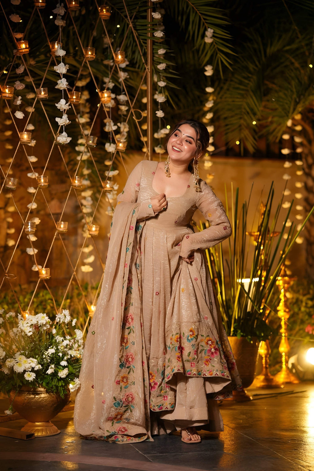 Yash Enterprise Beige Crunchy Silk Party Wear Embroidery Suit Set
