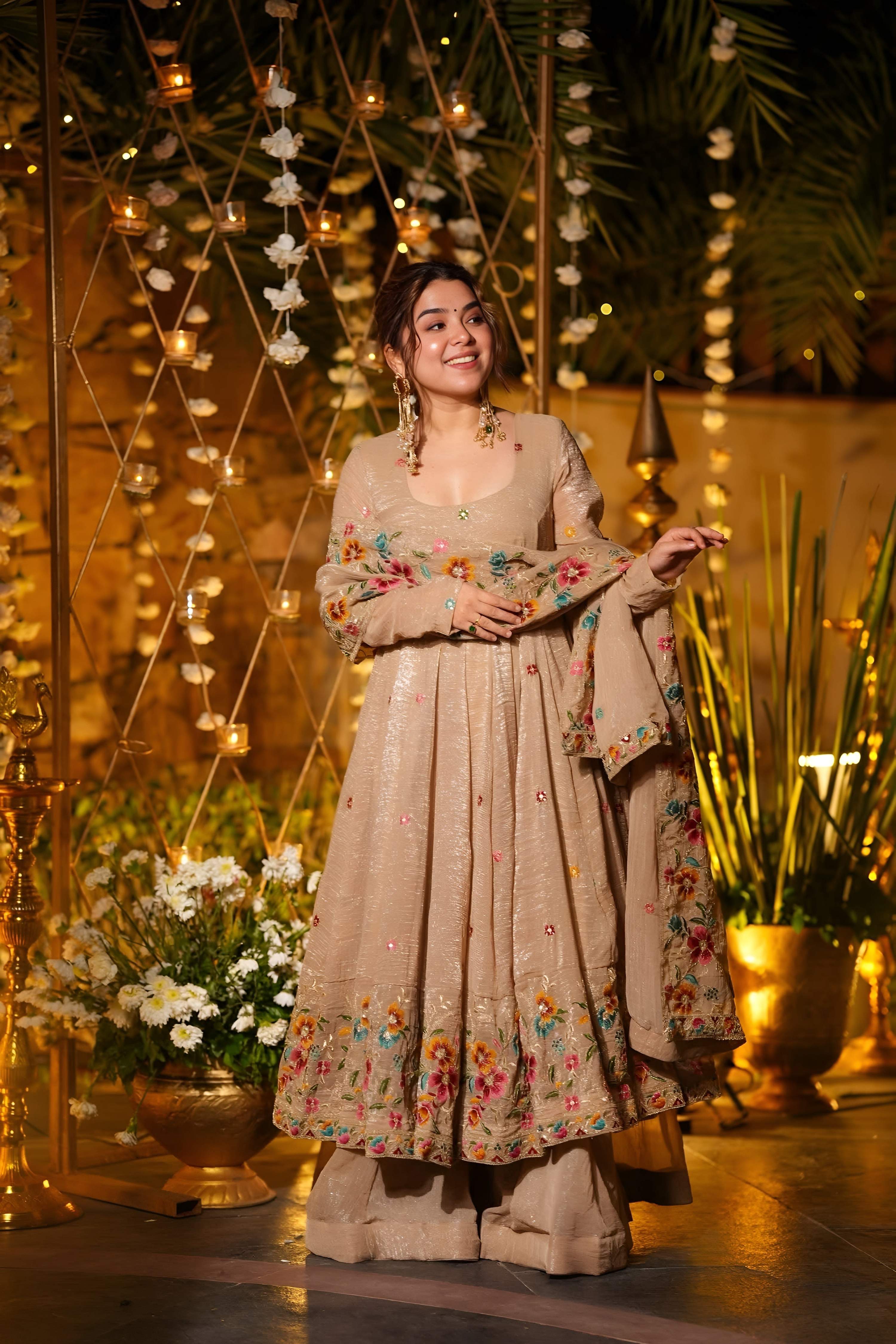 Yash Enterprise Beige Crunchy Silk Party Wear Embroidery Suit Set