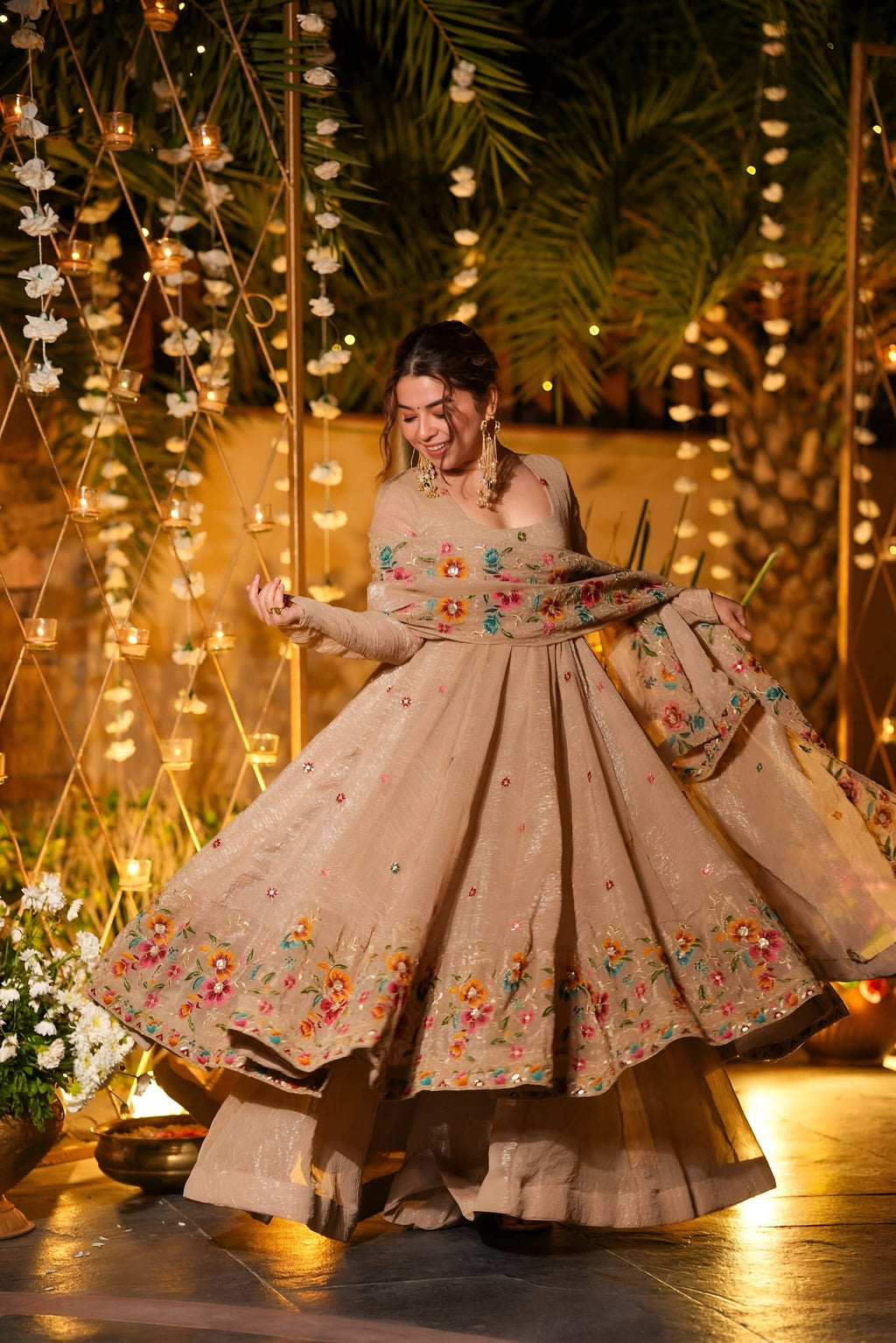 Yash Enterprise Beige Crunchy Silk Party Wear Embroidery Suit Set