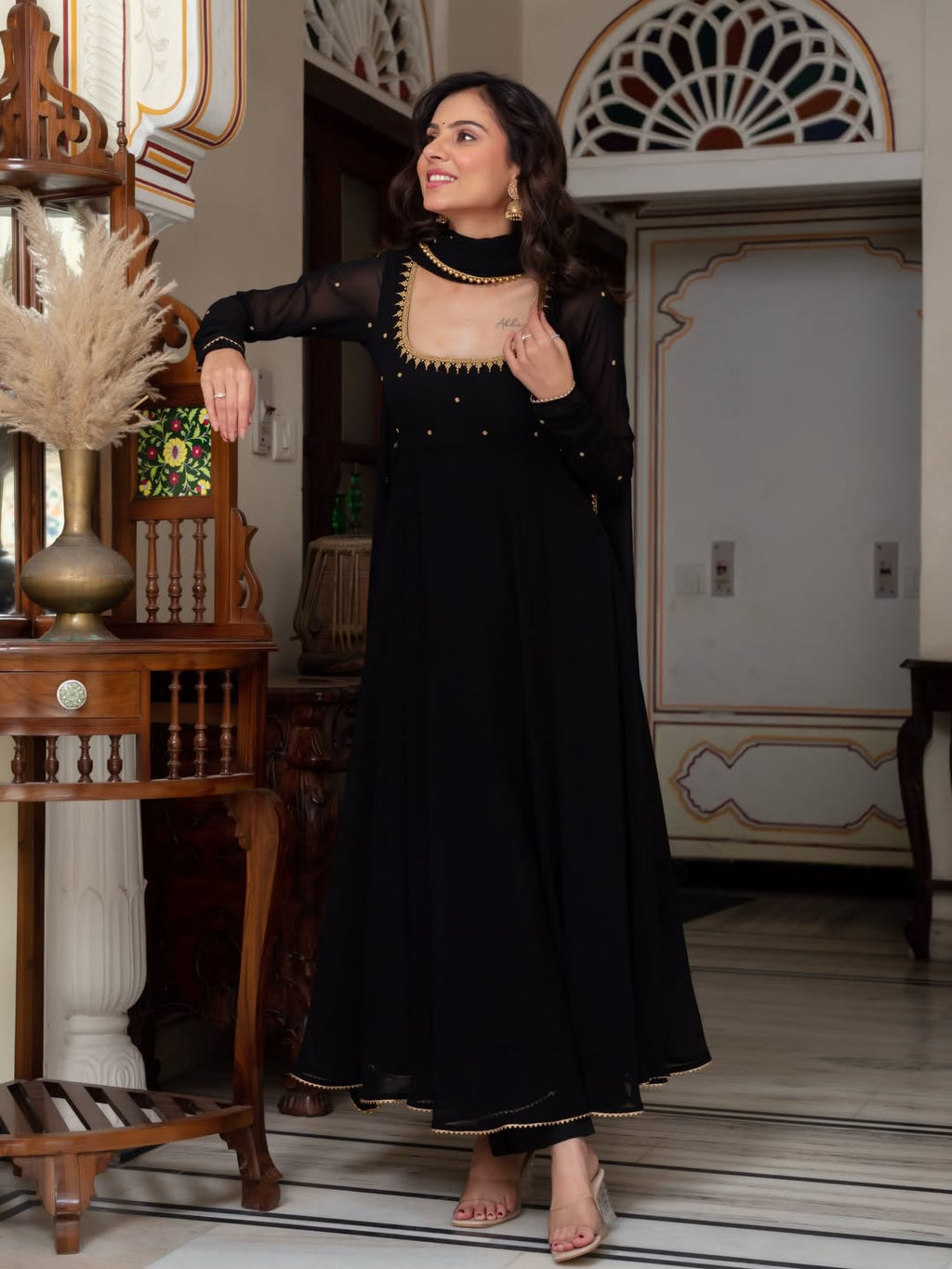 Yash Enterprise Black Blooming Silk Party Wear Embroidery Suit Set