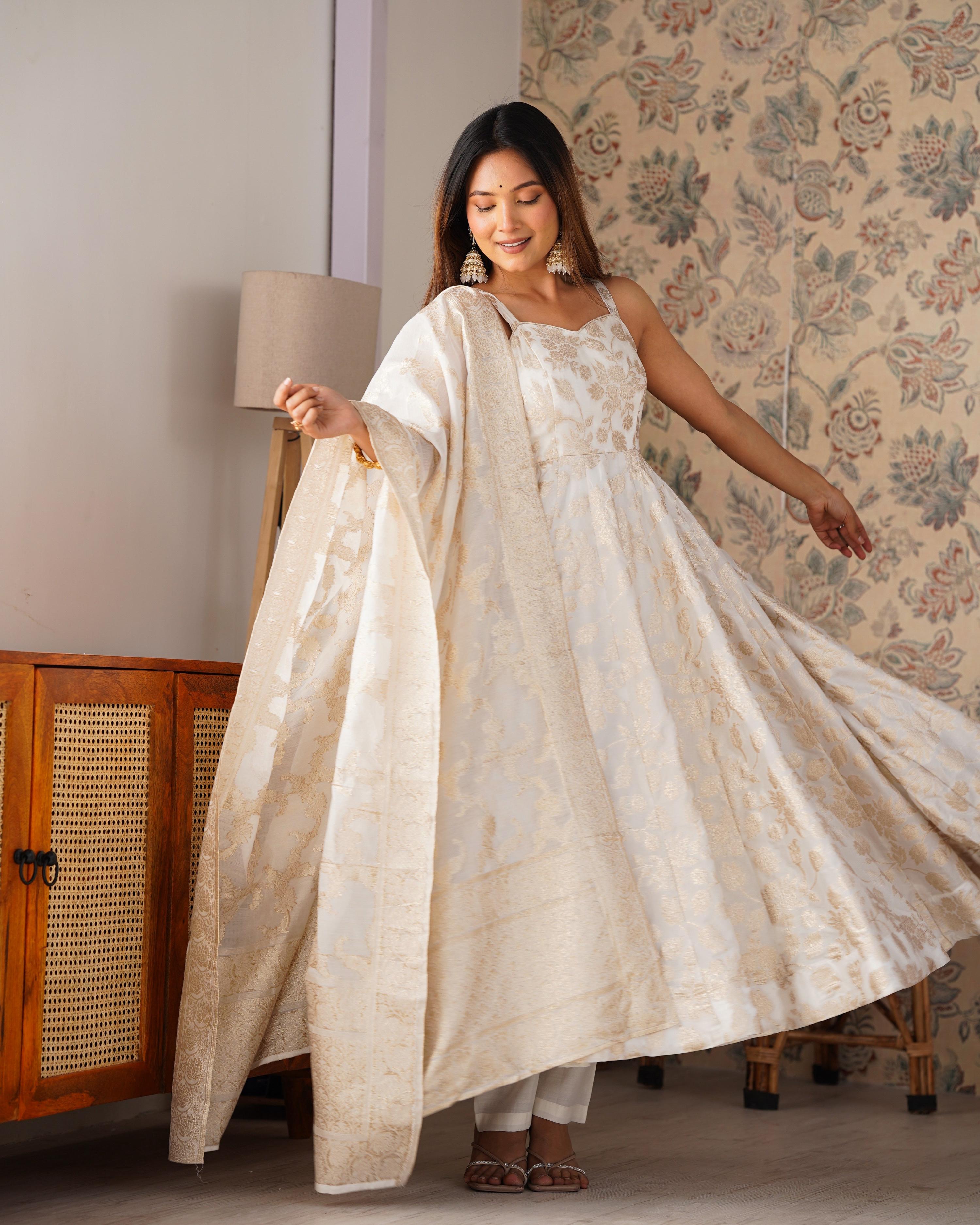 Evanik Off-White & Gold Jecqaurd Banarasi Anarkali Kurta Set With Dupatta