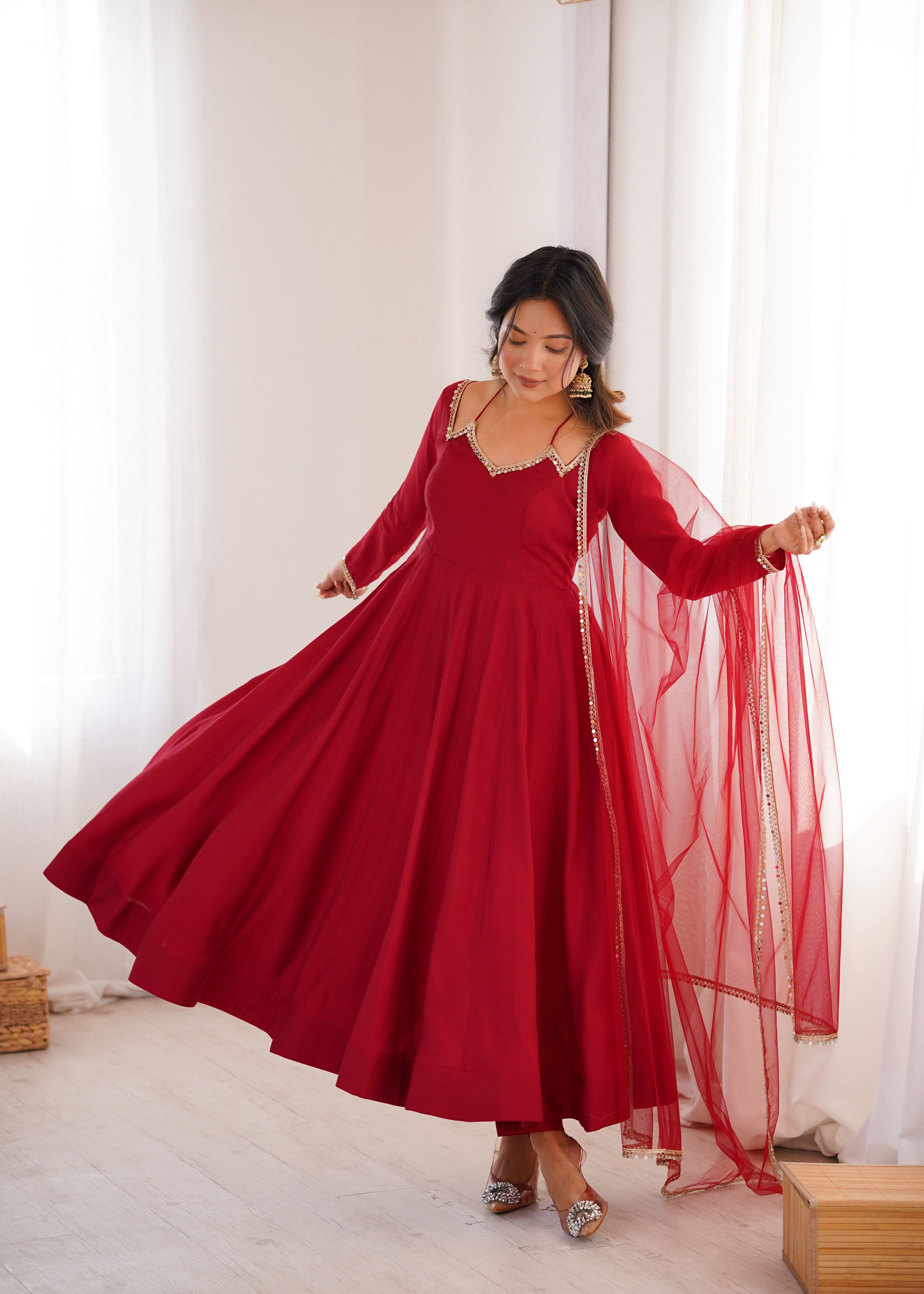 Evanik Women Red Ethnic Anarkali Kurta Set For Festive & Wedding Wear
