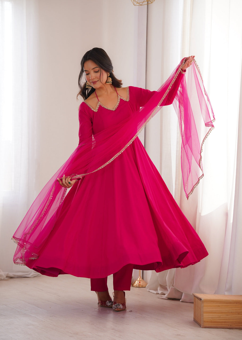Evanik Women Ranipink Ethnic Anarkali Kurta Set For Festive & Wedding Wear