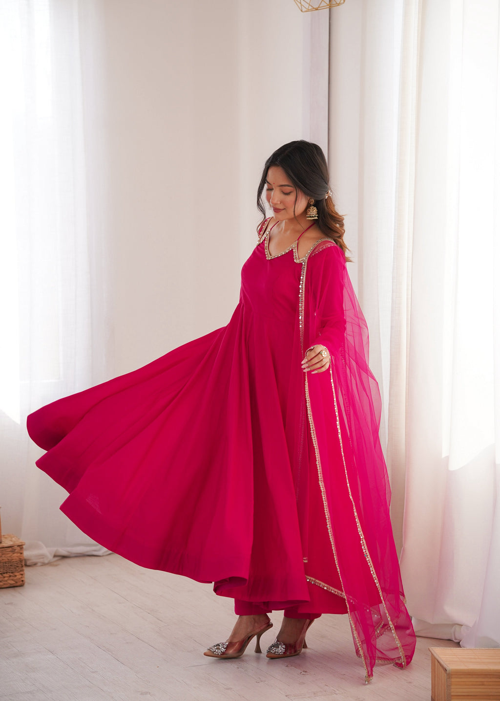 Evanik Women Ranipink Ethnic Anarkali Kurta Set For Festive & Wedding Wear
