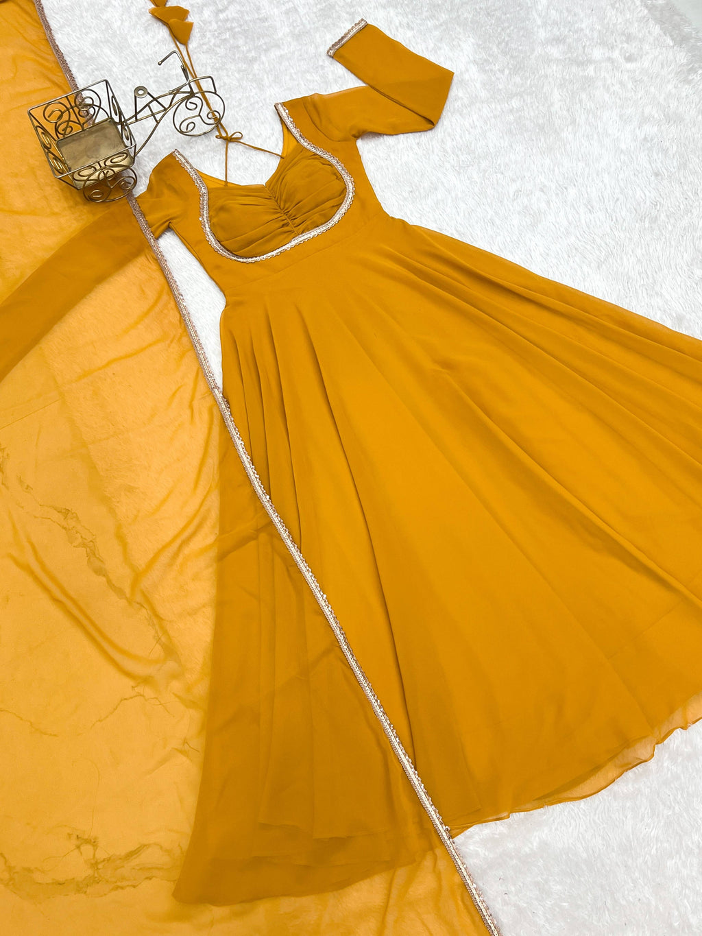Evanik Yellow Georgette Plain Fully Flair Gown Dupatta