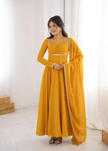 Evanik Yellow Georgette Plain Fully Flair Gown Dupatta