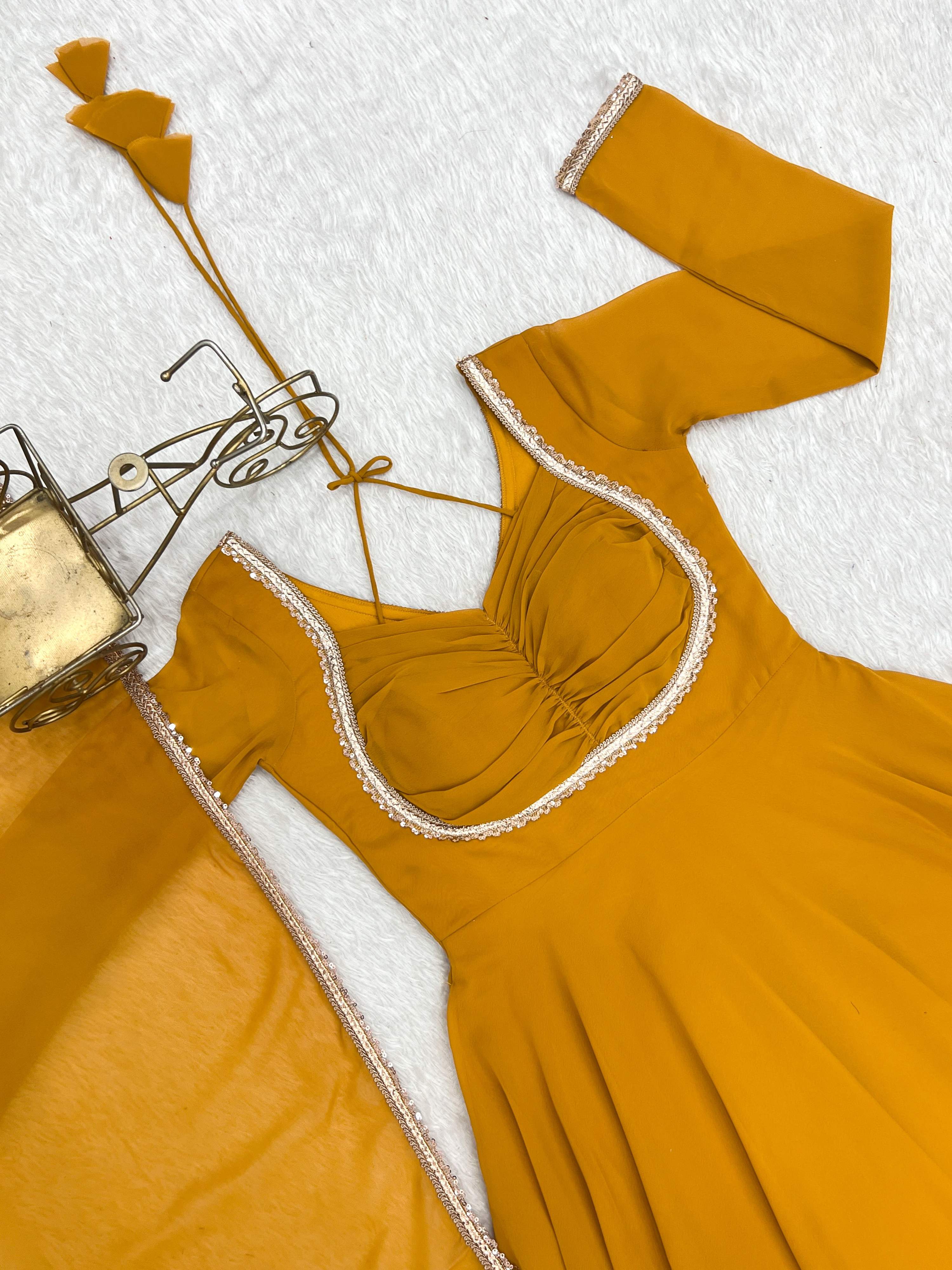 Evanik Yellow Georgette Plain Fully Flair Gown Dupatta