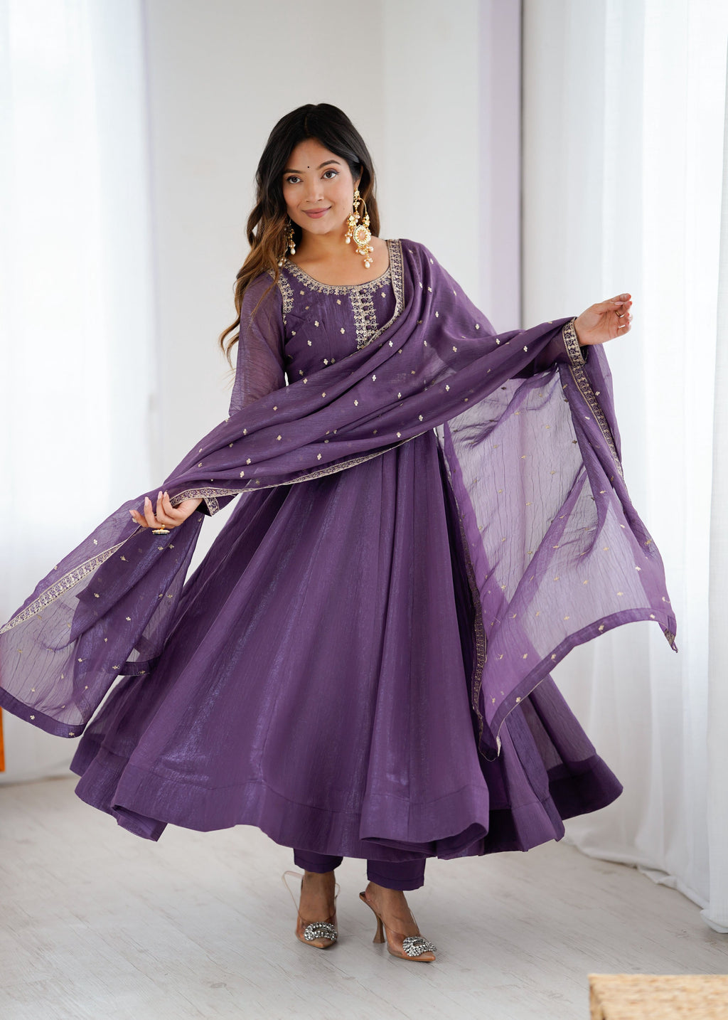 Evanik Lavender Crunchy Silk With Embroidered Zari Dori Work Anarkali Set