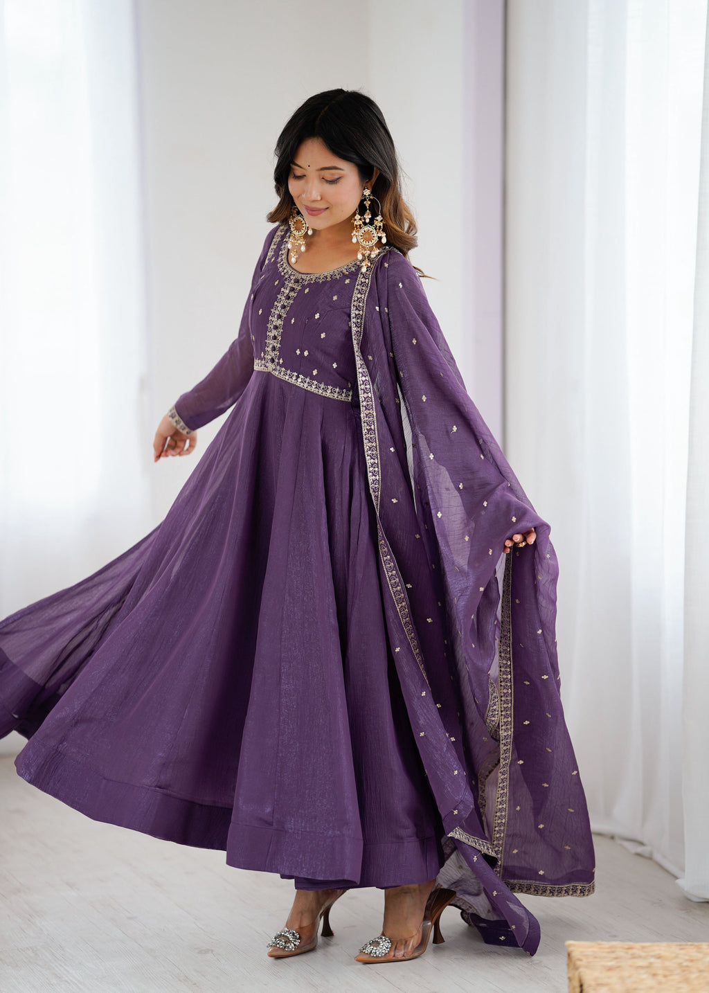 Evanik Lavender Crunchy Silk With Embroidered Zari Dori Work Anarkali Set