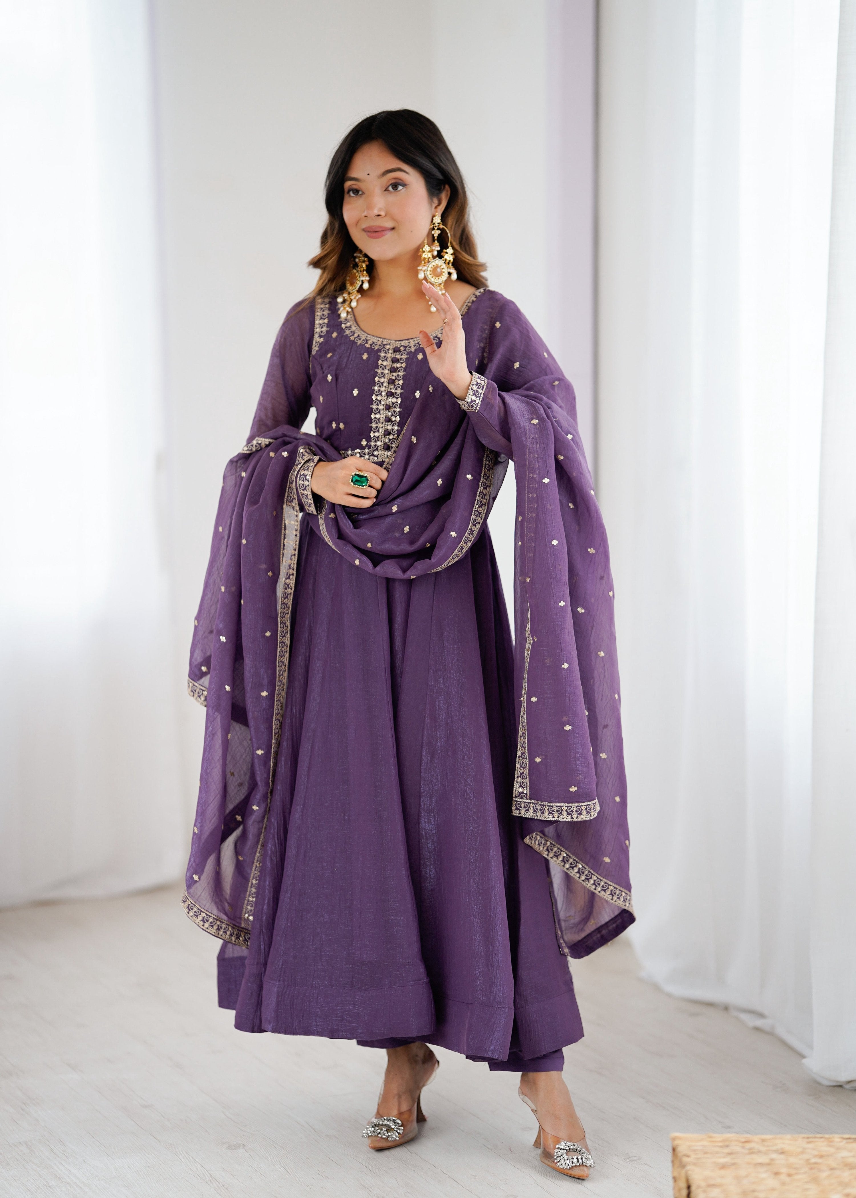 Evanik Lavender Crunchy Silk With Embroidered Zari Dori Work Anarkali Set