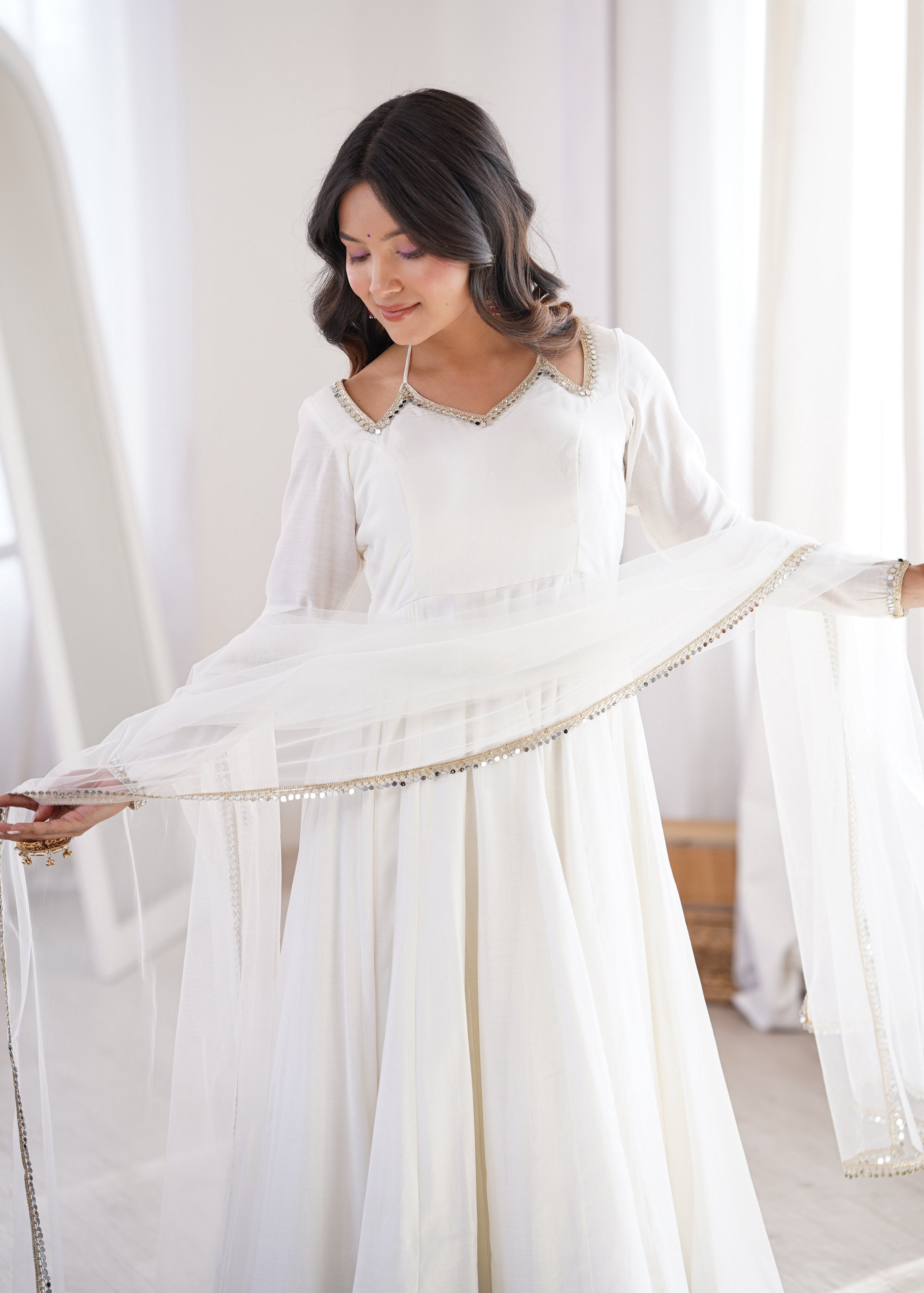 Evanik Women Off White Ethnic Anarkali Kurta Set for Festive & Wedding Wear