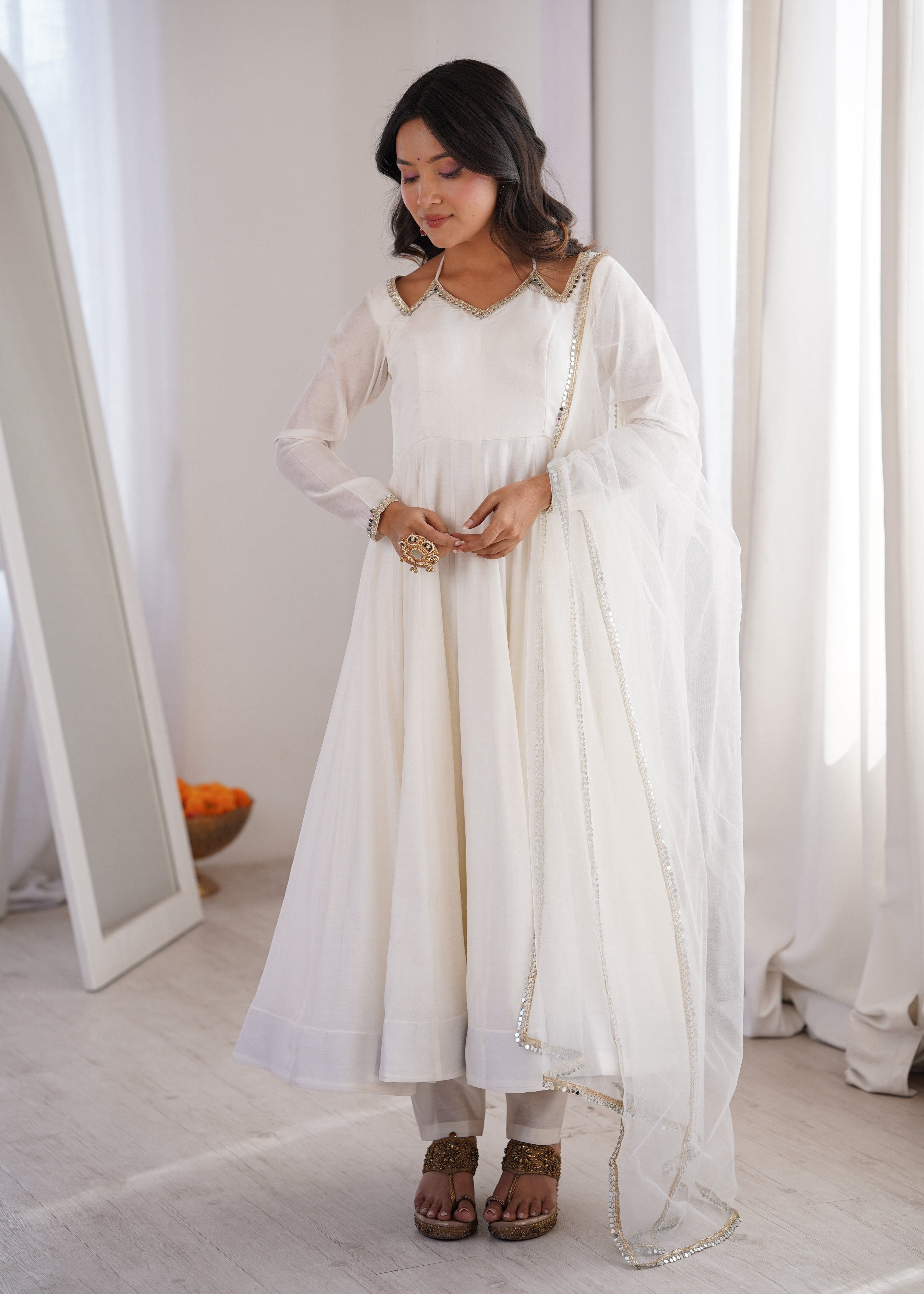 Evanik Women Off White Ethnic Anarkali Kurta Set for Festive & Wedding Wear