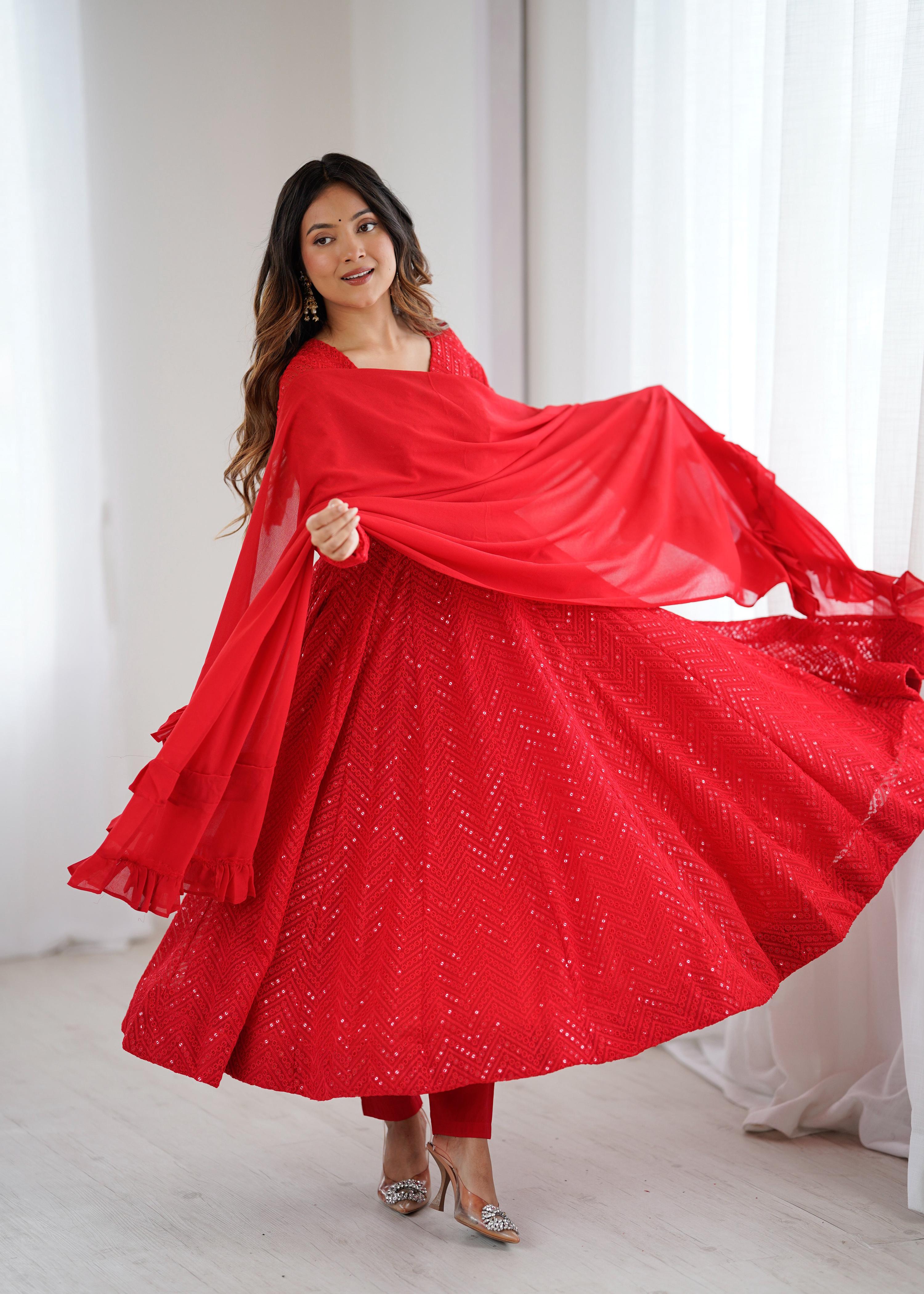 Evanik Red Heavy Faux Georgette With Lucknowi Work Anarkali Suit