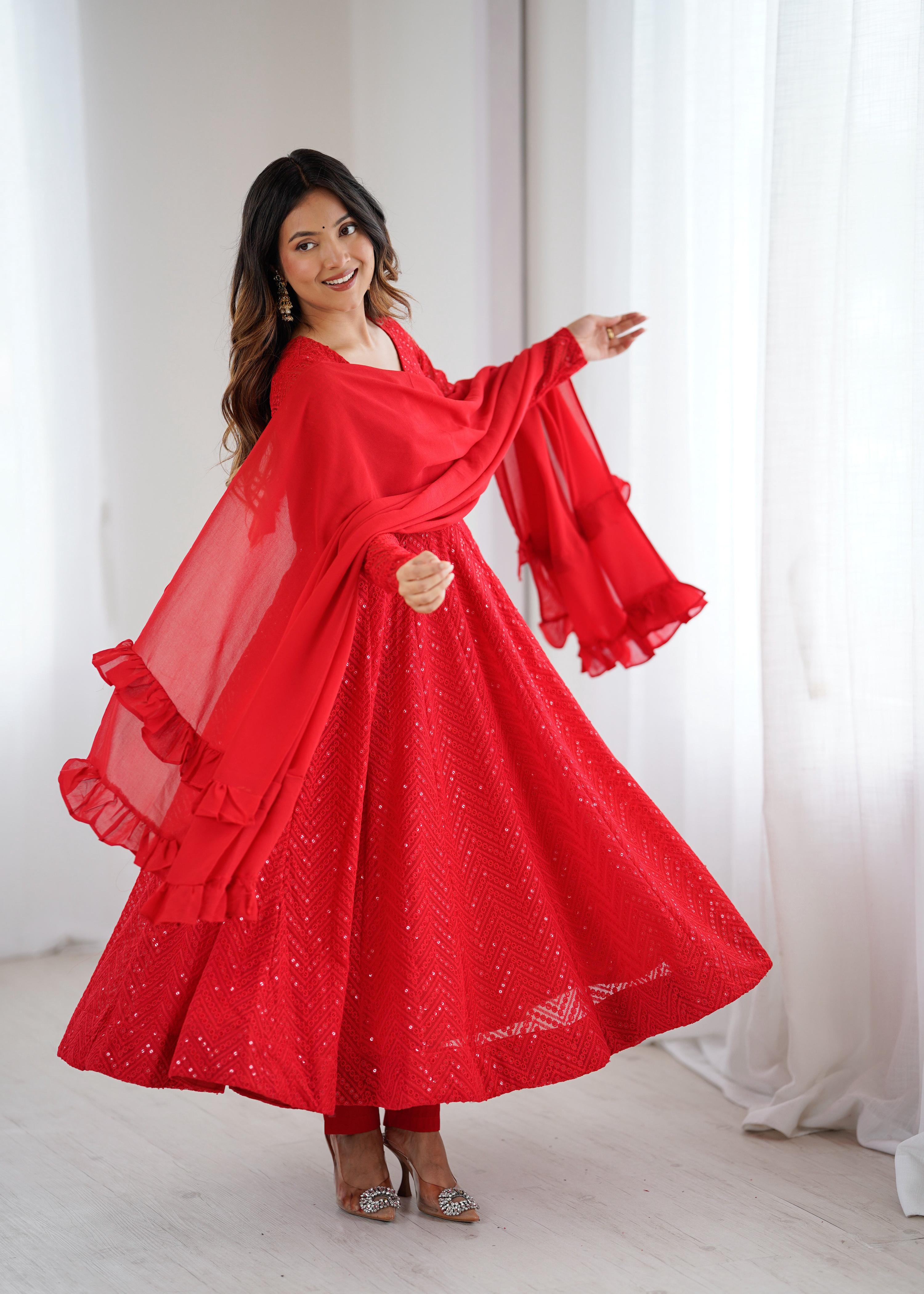 Evanik Red Heavy Faux Georgette With Lucknowi Work Anarkali Suit