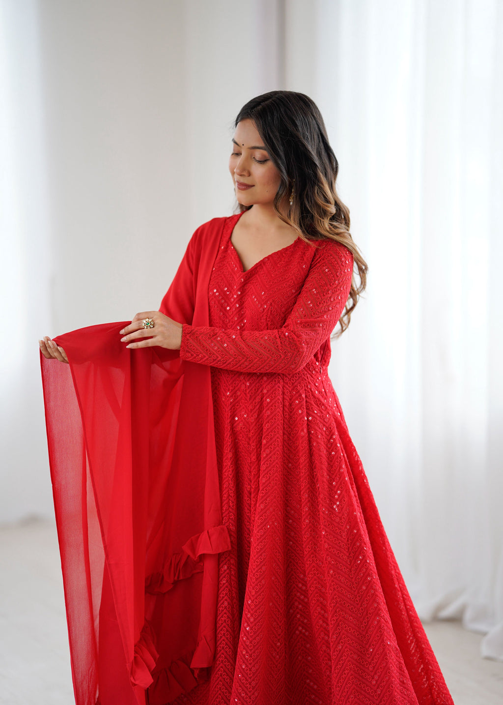 Evanik Red Heavy Faux Georgette With Lucknowi Work Anarkali Suit