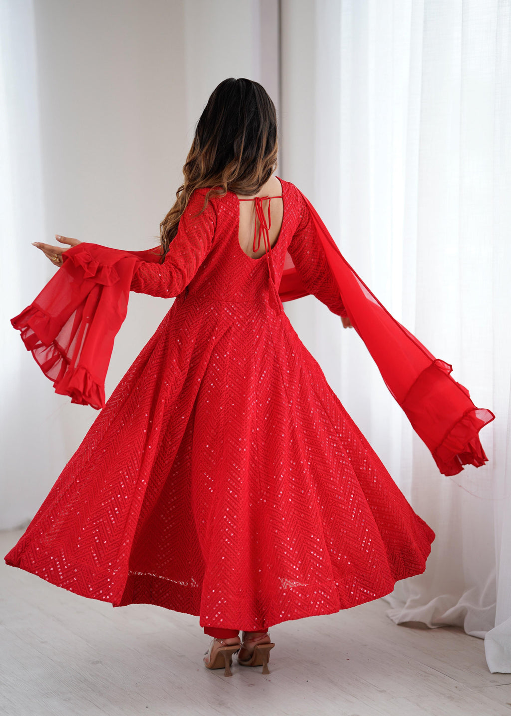 Evanik Red Heavy Faux Georgette With Lucknowi Work Anarkali Suit