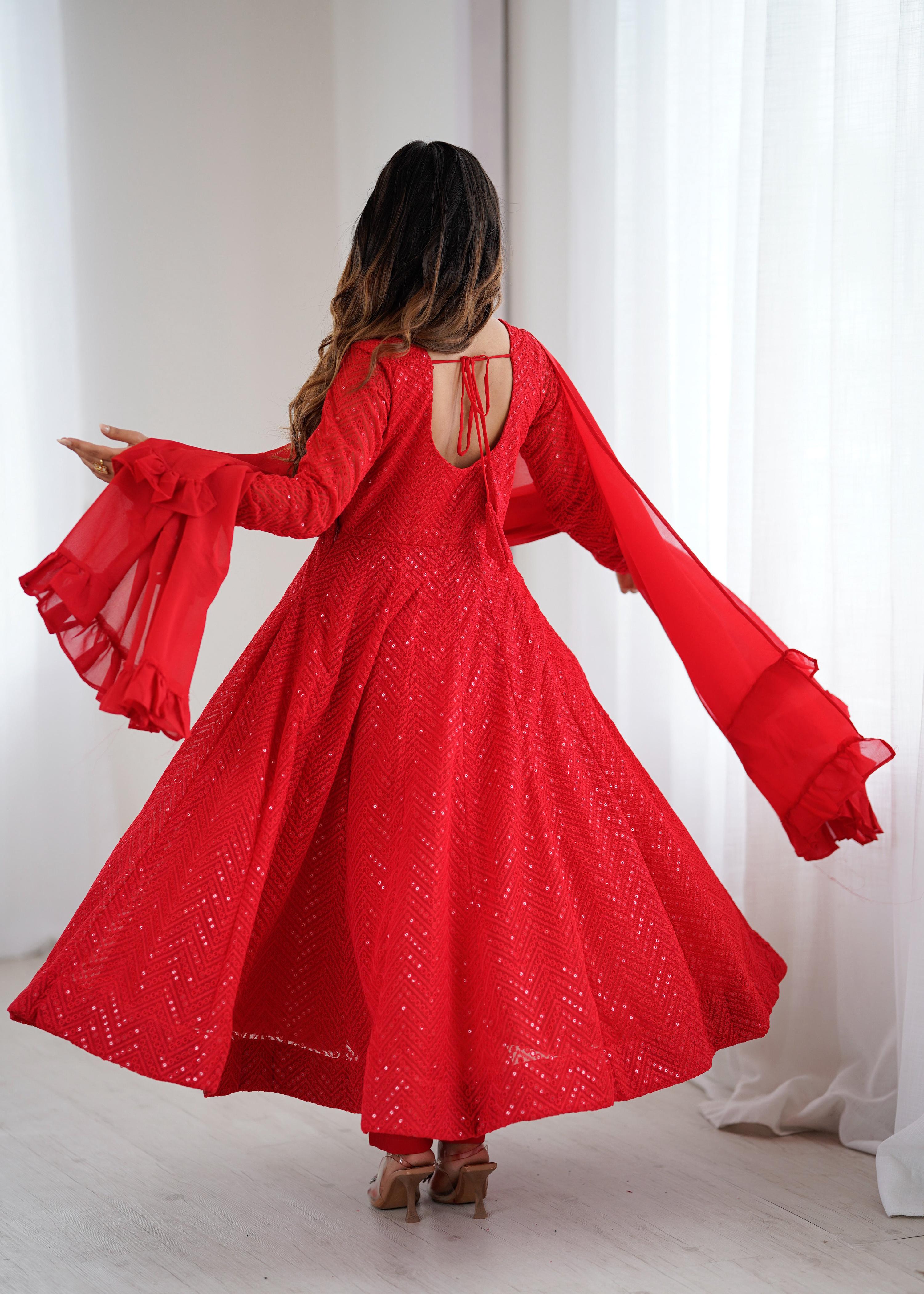 Evanik Red Heavy Faux Georgette With Lucknowi Work Anarkali Suit