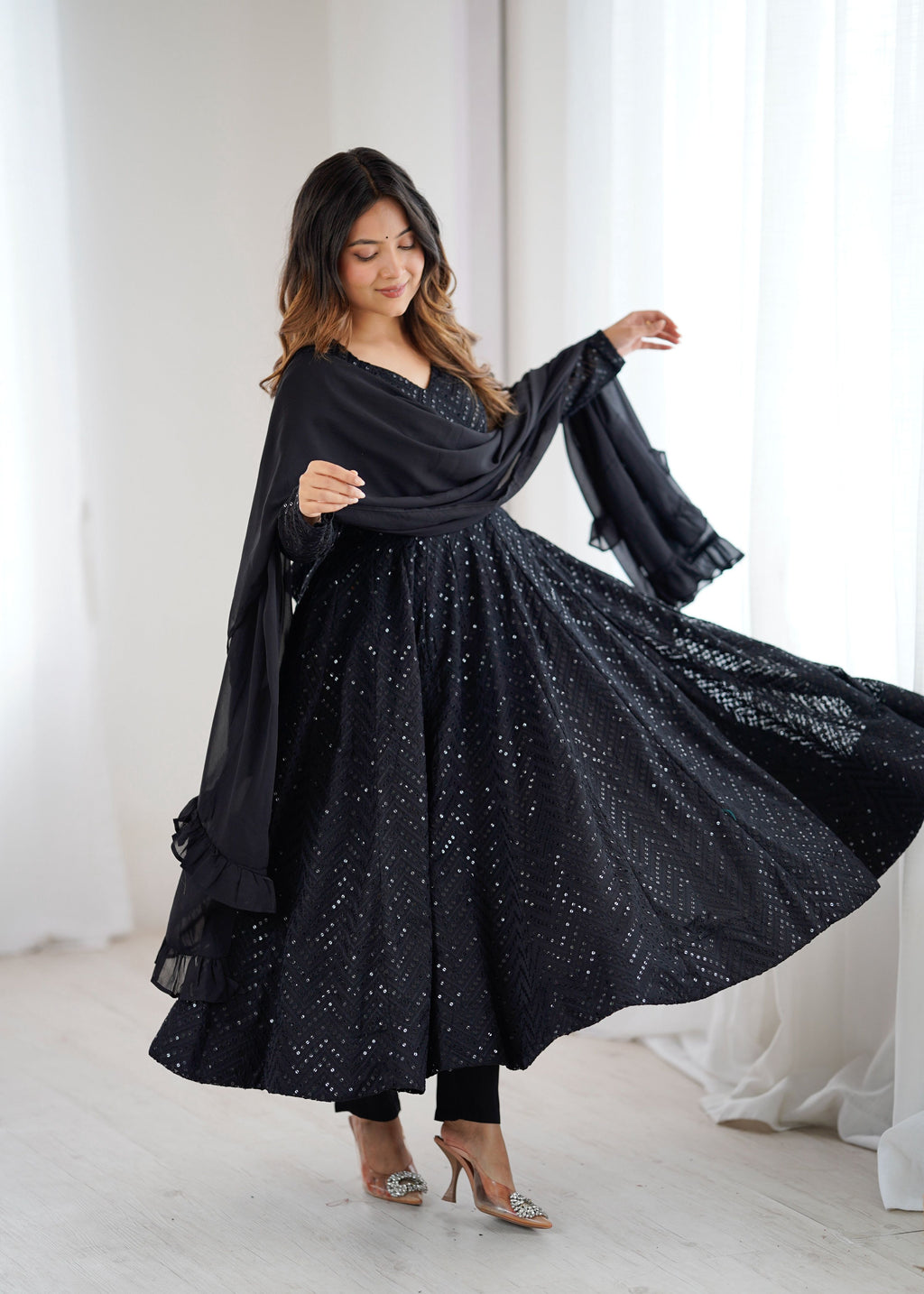 Evanik Black Heavy Faux Georgette With Lucknowi Work Anarkali Suit