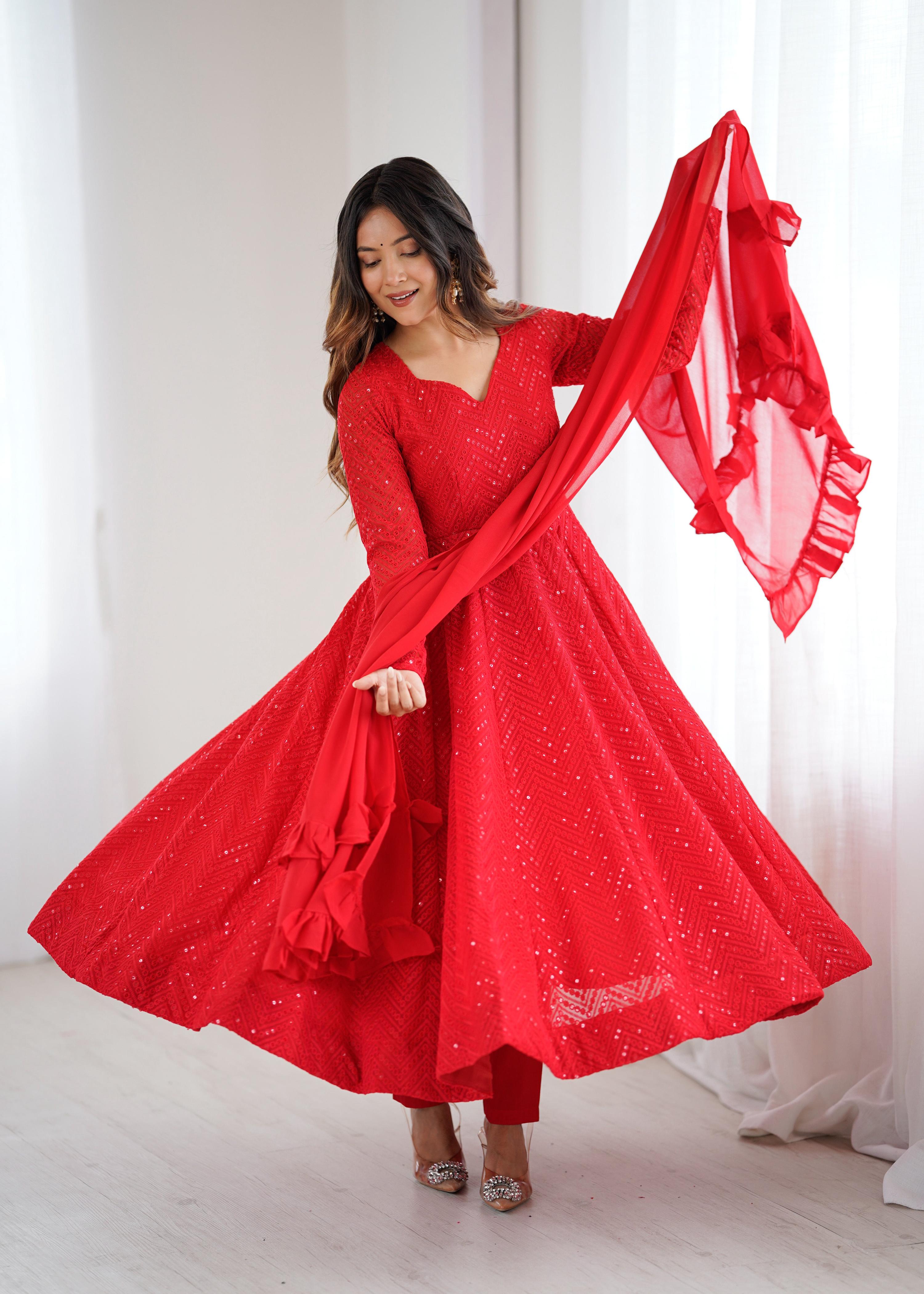 Evanik Red Heavy Faux Georgette With Lucknowi Work Anarkali Suit