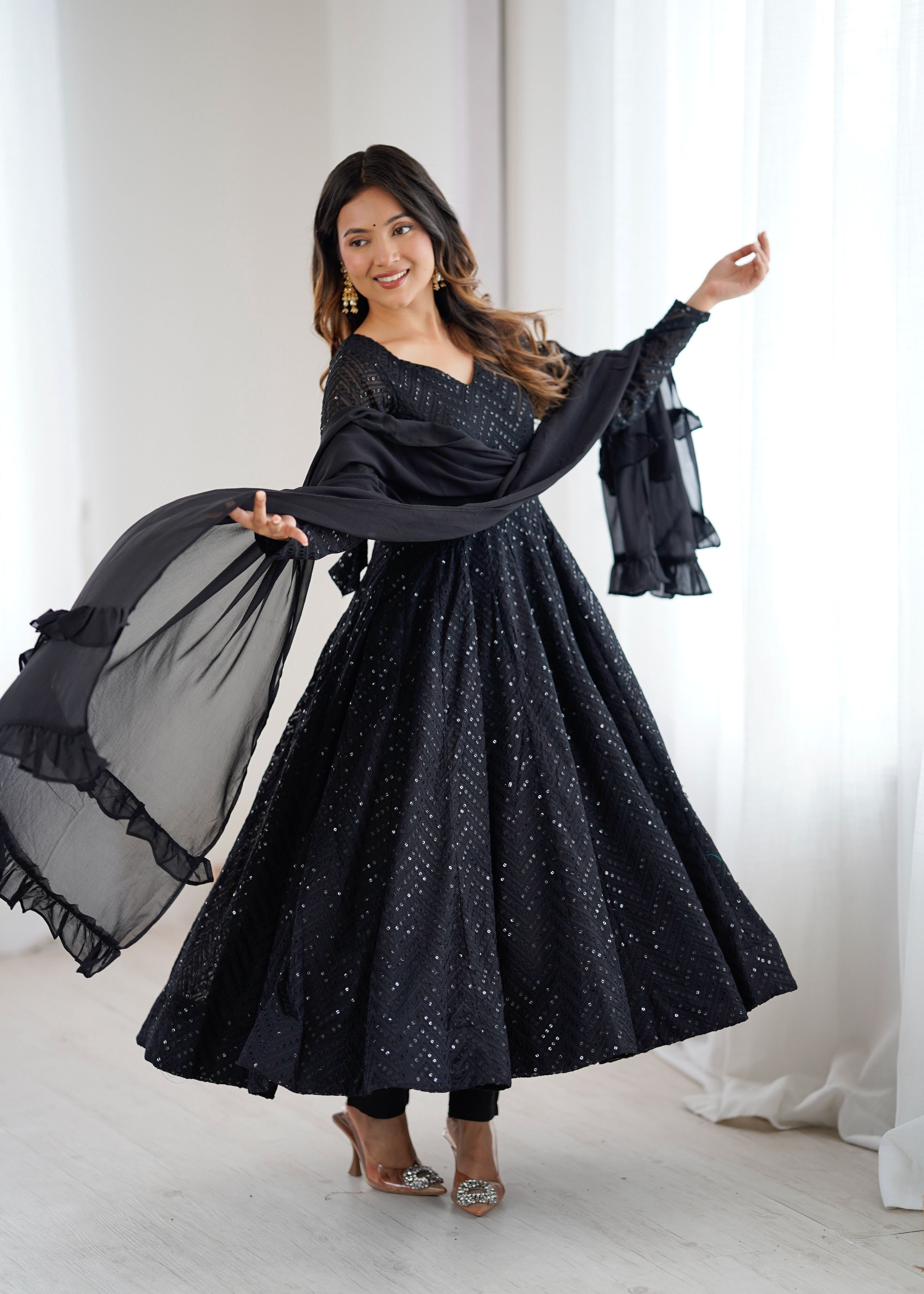Evanik Black Heavy Faux Georgette With Lucknowi Work Anarkali Suit