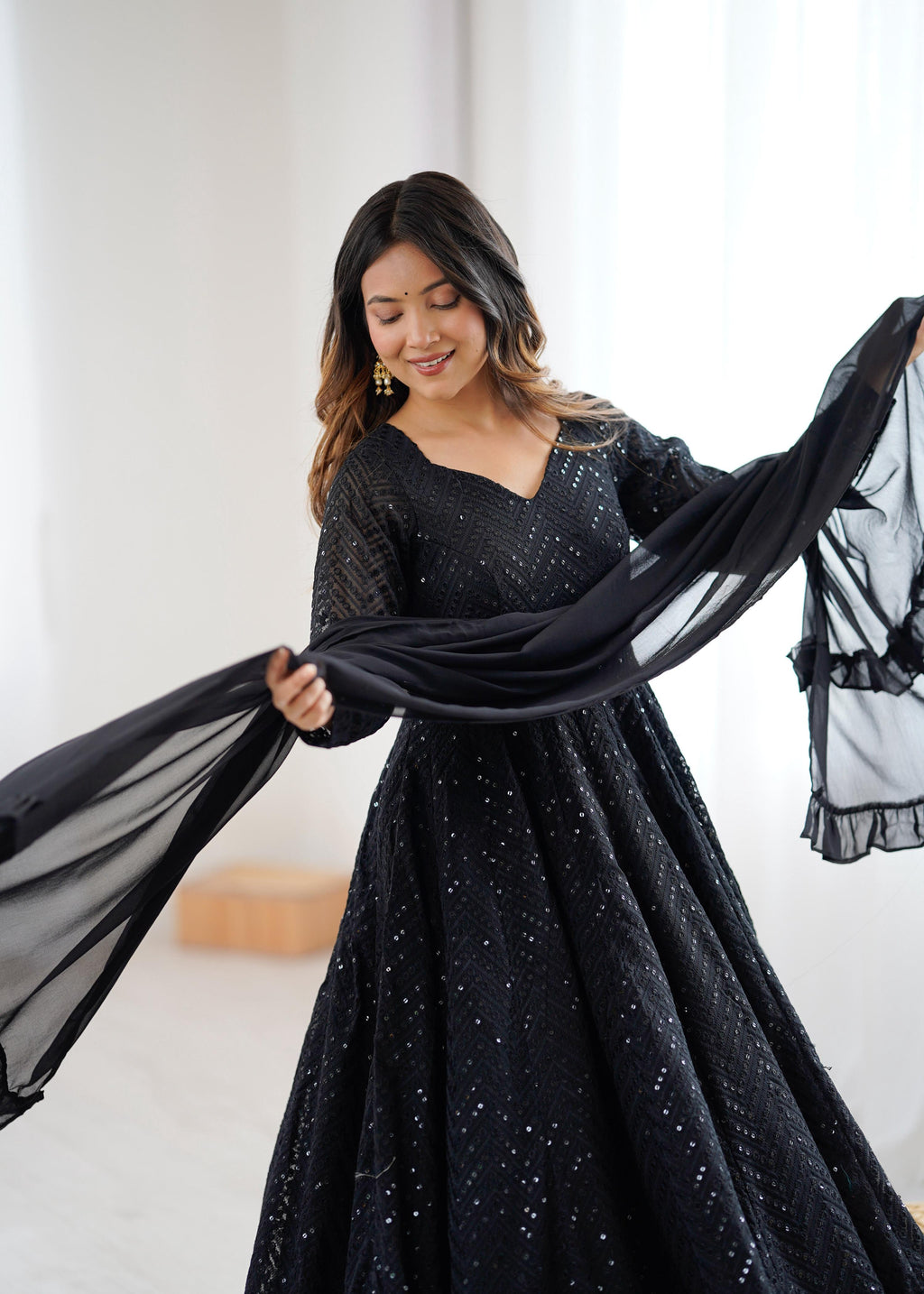 Evanik Black Heavy Faux Georgette With Lucknowi Work Anarkali Suit