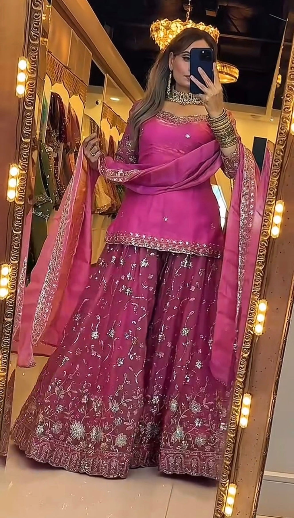 Yash Enterprise Rani Pink Fandy Silk Party Wear Embroidery Sharara Suit Set