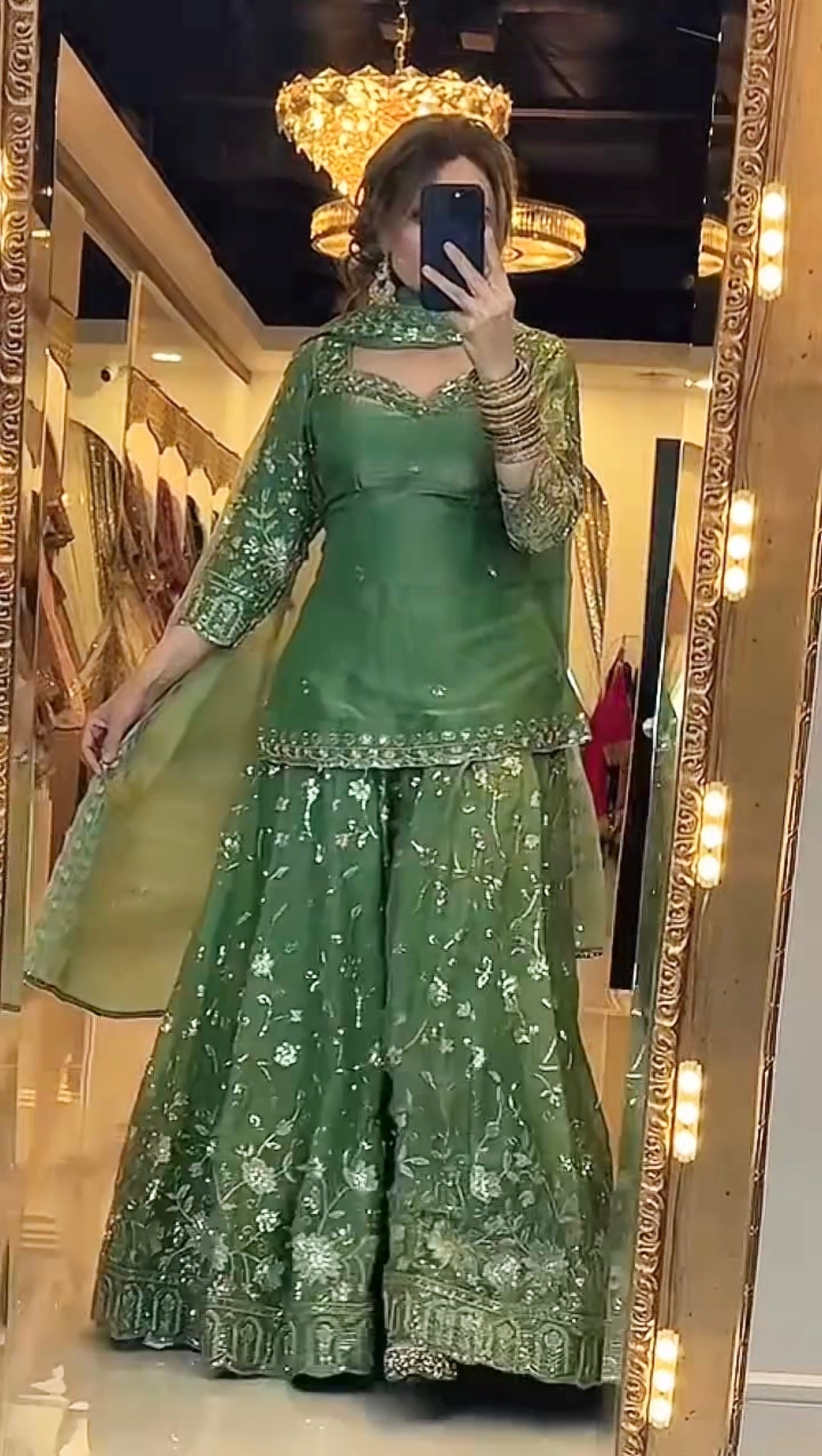 Yash Enterprise Green Fandy Silk Party Wear Embroidery Sharara Suit Set