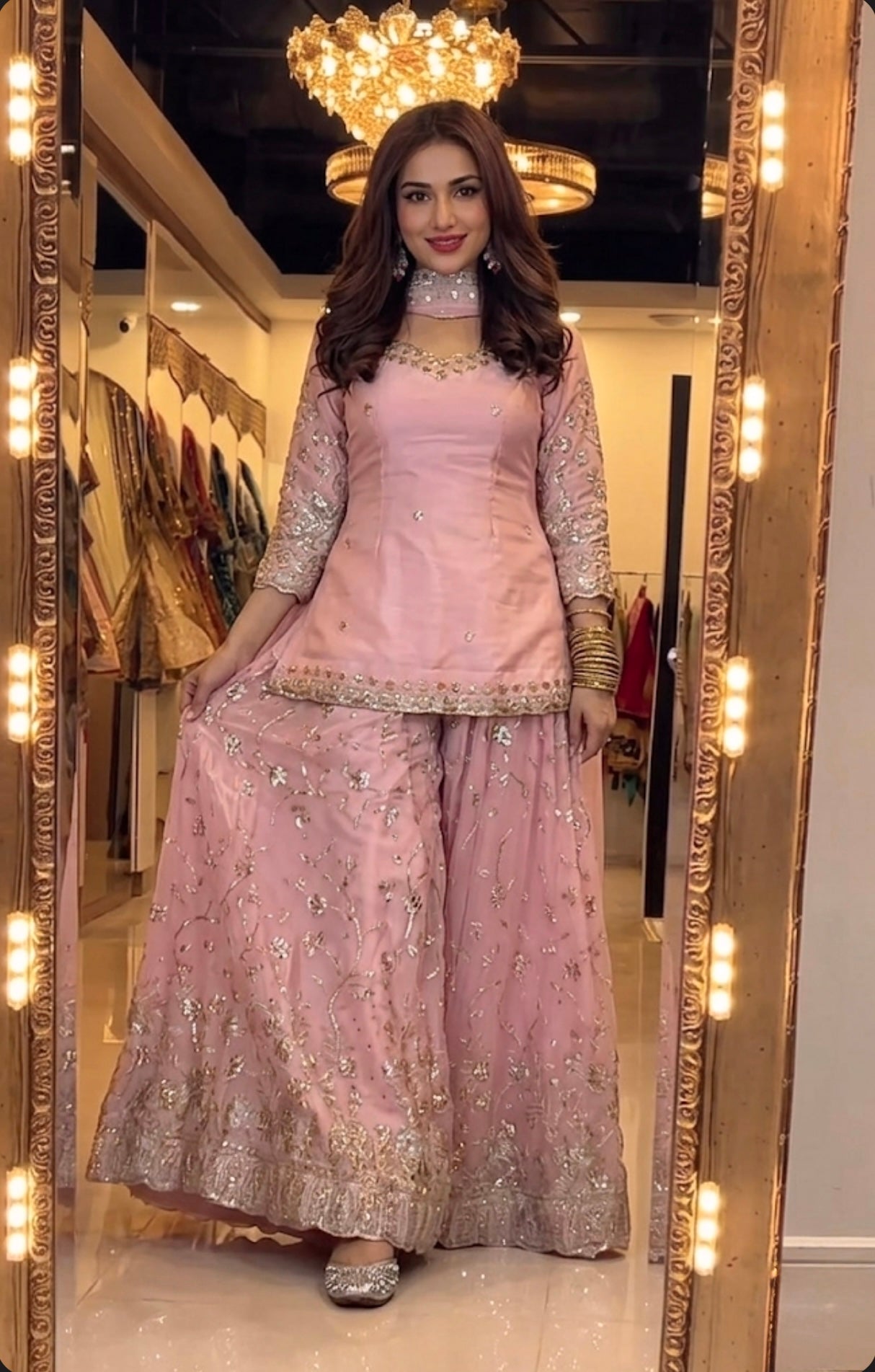 Yash Enterprise Peach Fandy Silk Party Wear Embroidery Sharara Suit Set