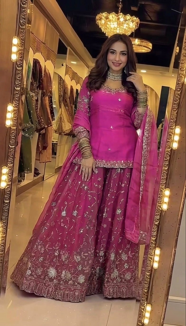 Yash Enterprise Rani Pink Fandy Silk Party Wear Embroidery Sharara Suit Set