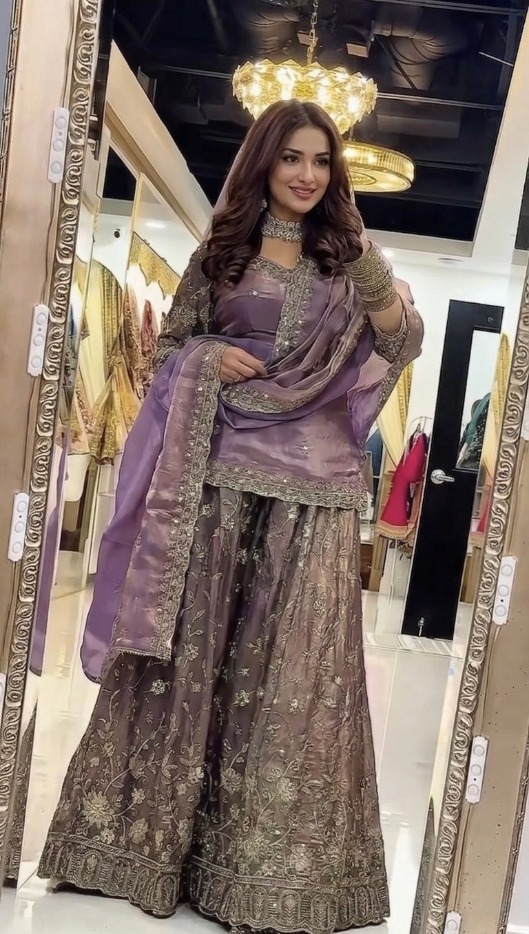 Yash Enterprise Light Purple Fandy Silk Party Wear Embroidery Sharara Suit Set