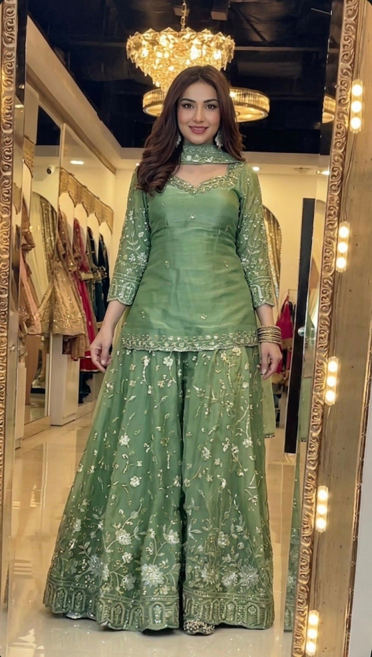 Yash Enterprise Green Fandy Silk Party Wear Embroidery Sharara Suit Set