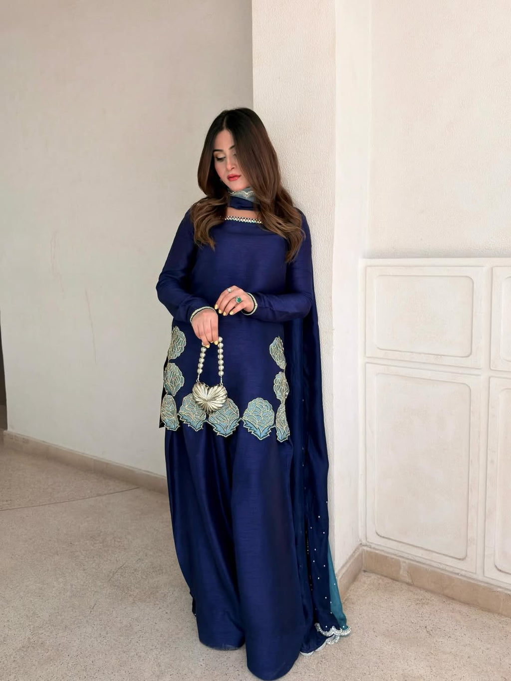 Yash Enterprise Navy Blue Crepe Silk Party Wear Embroidery Sharara Suit Set