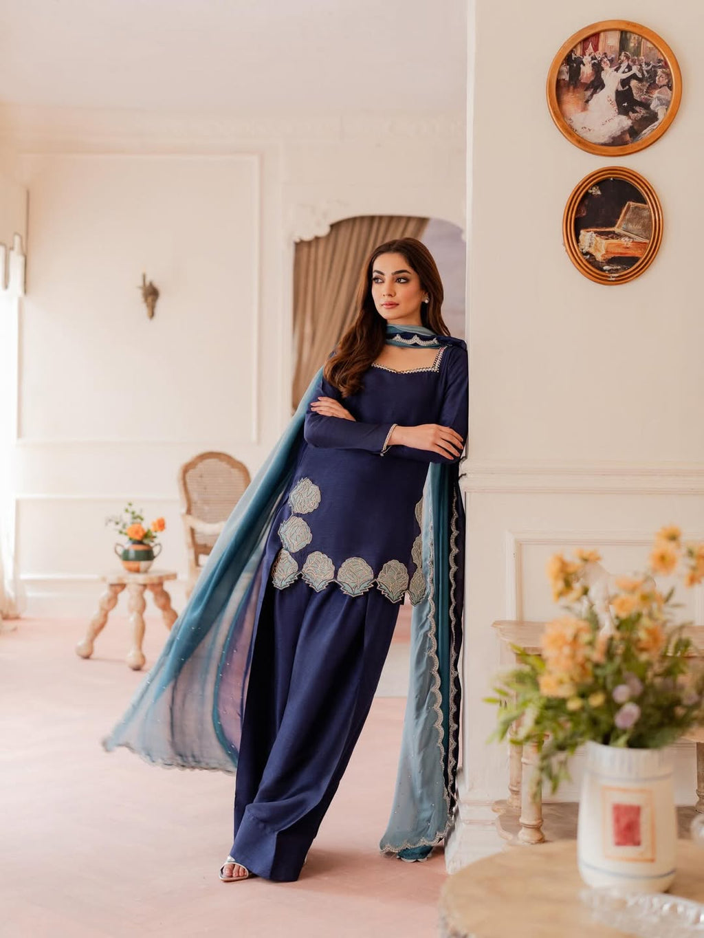 Yash Enterprise Navy Blue Crepe Silk Party Wear Embroidery Sharara Suit Set